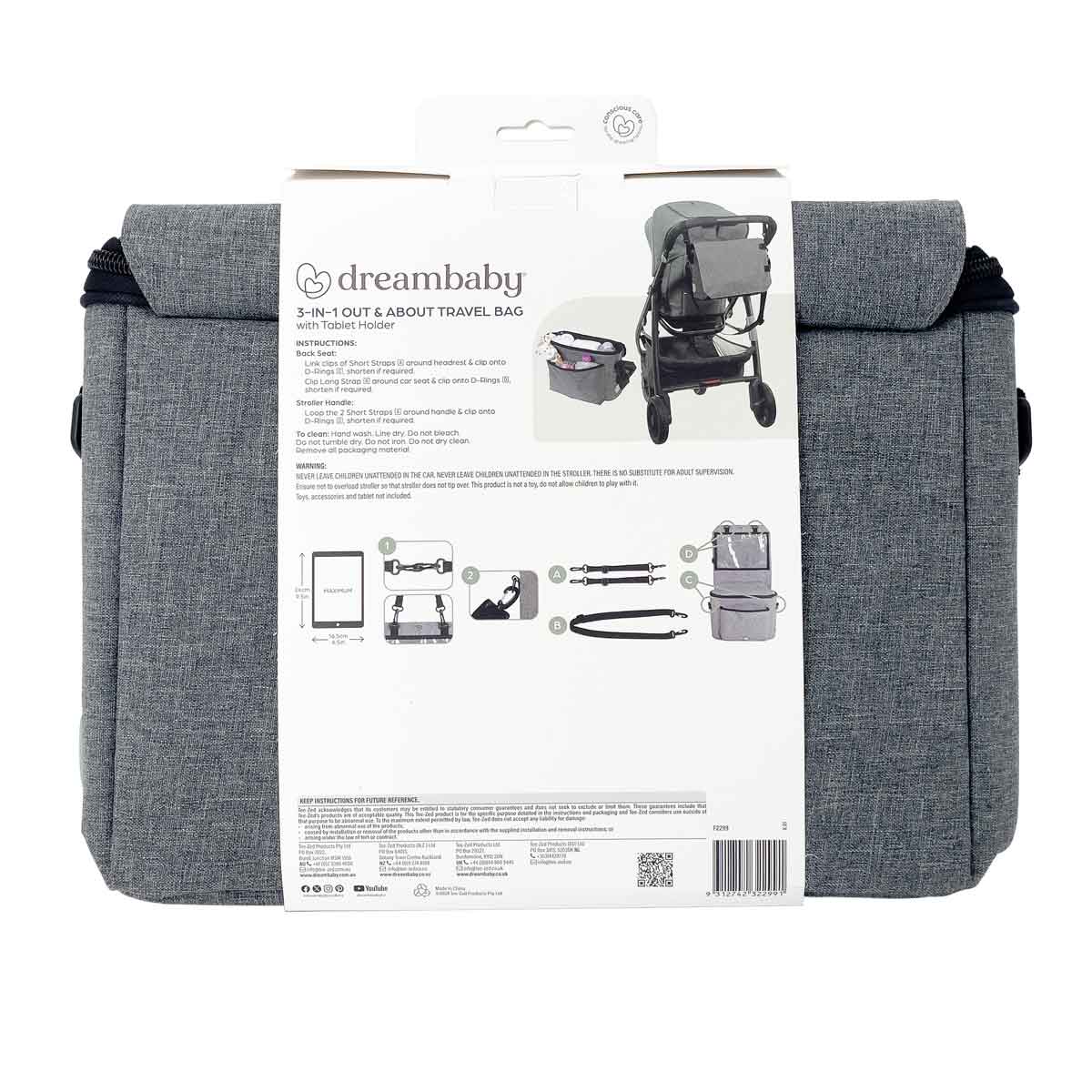 Dreambaby 3-in-1 Grey Stroller Bag/Change Bag/Car Organiser