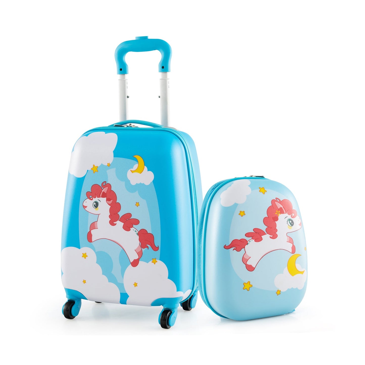 2 Pieces Kids Luggage Set with Wheels and Height Adjustable Handle-Blue