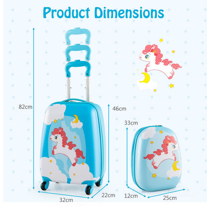 2 Pieces Kids Luggage Set with Wheels and Height Adjustable Handle-Blue