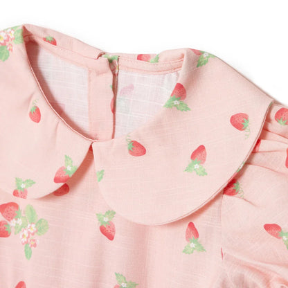 HelloBaby Girls Dress Cherry Print Buttoned Berry Belle Peter Pan Collar Short Sleeve - Pink Printed