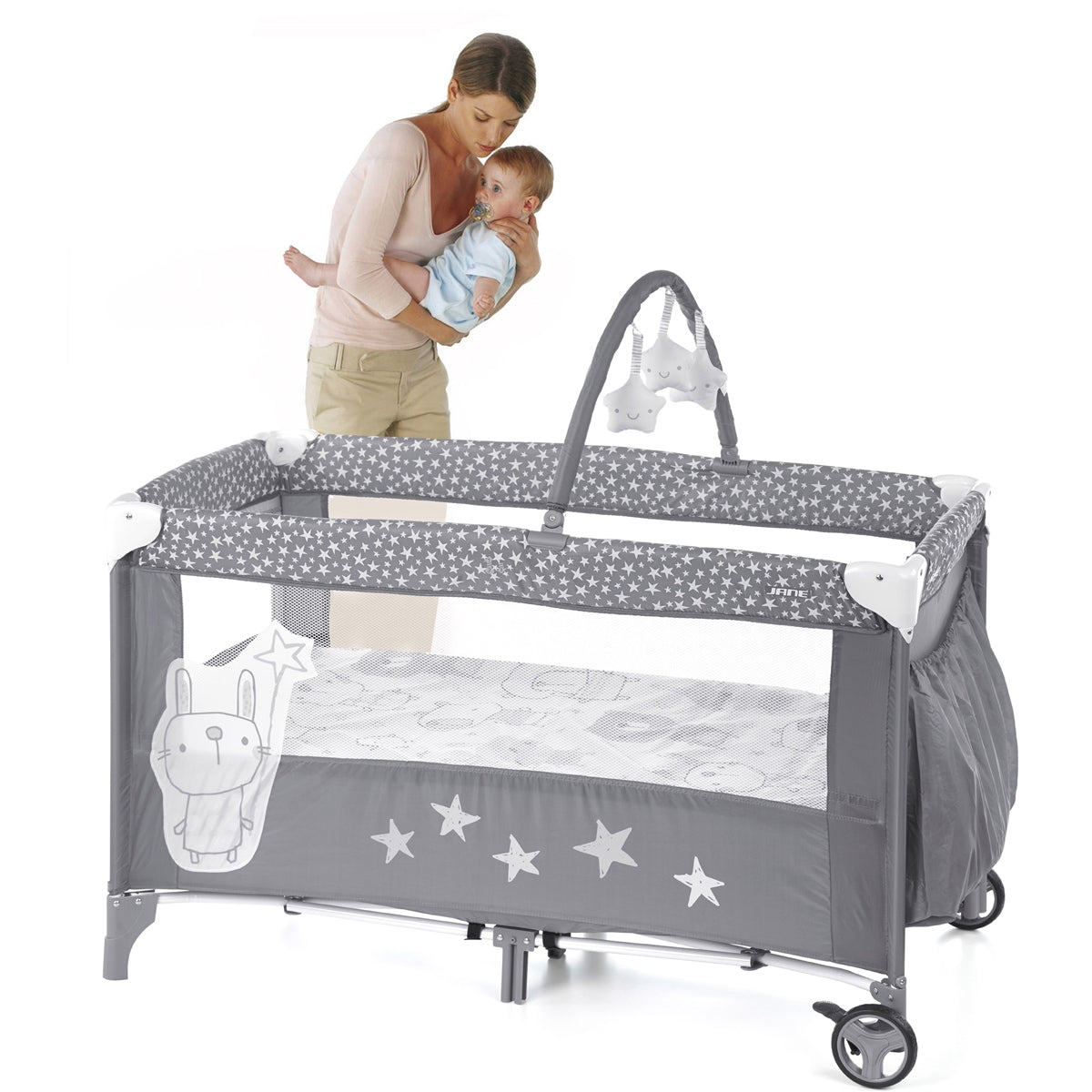 Jane Duo Level Toys Travel Cot – Two-Tier Design with Activity Arch, Stars