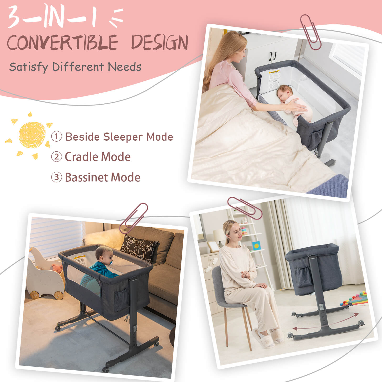 3-in-1 Adjustable Baby Bedside Bassinet with Mattress-Grey