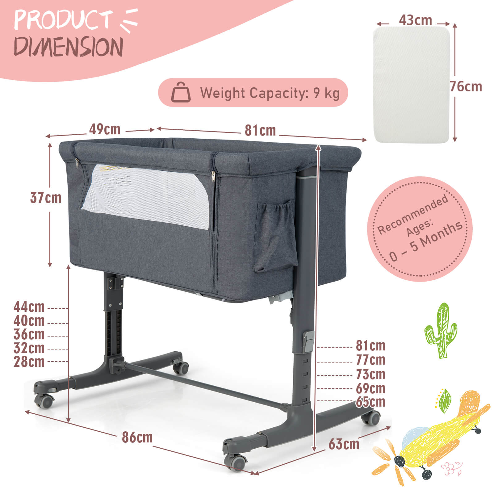 3-in-1 Adjustable Baby Bedside Bassinet with Mattress-Grey