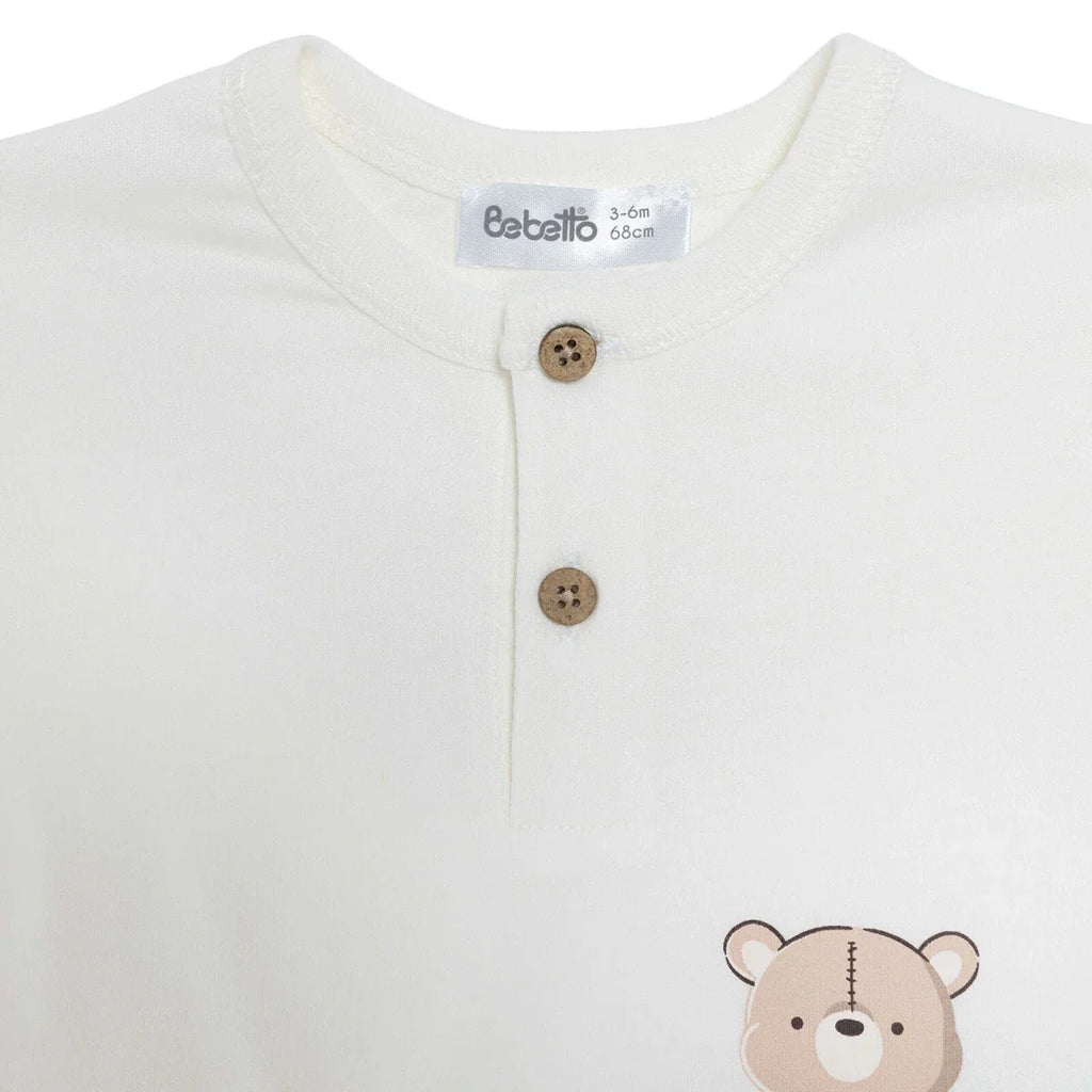 Bebetto Boys T-shirt & Shorts Set Bear Print Buttoned Hello Crew Neck Short Length Short Sleeve - Multicolour