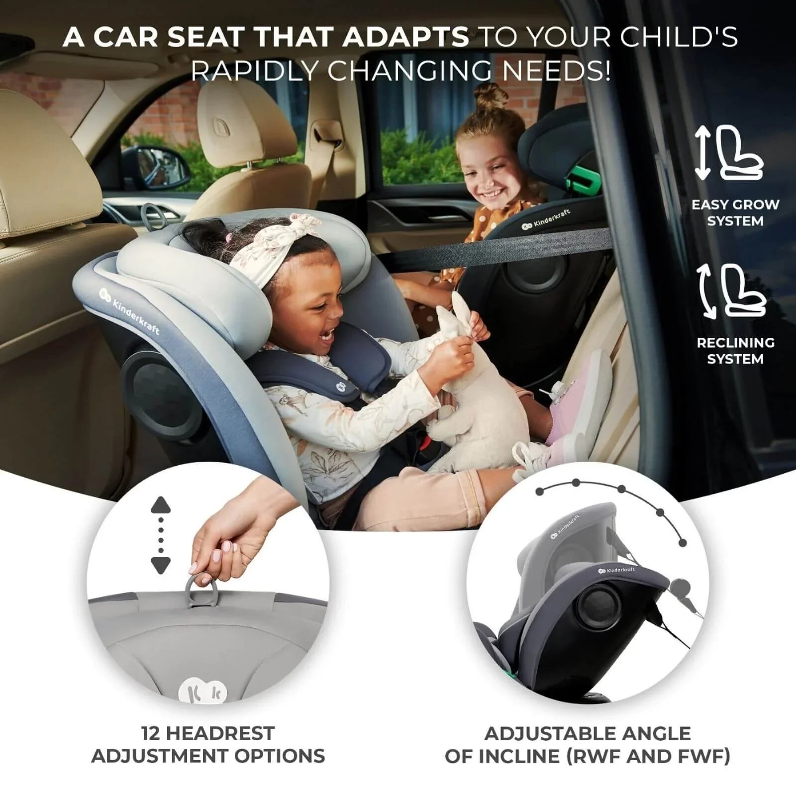 Kinderkraft i-Grow i-Size Car Seat (Birth to 12 Years) - Grey