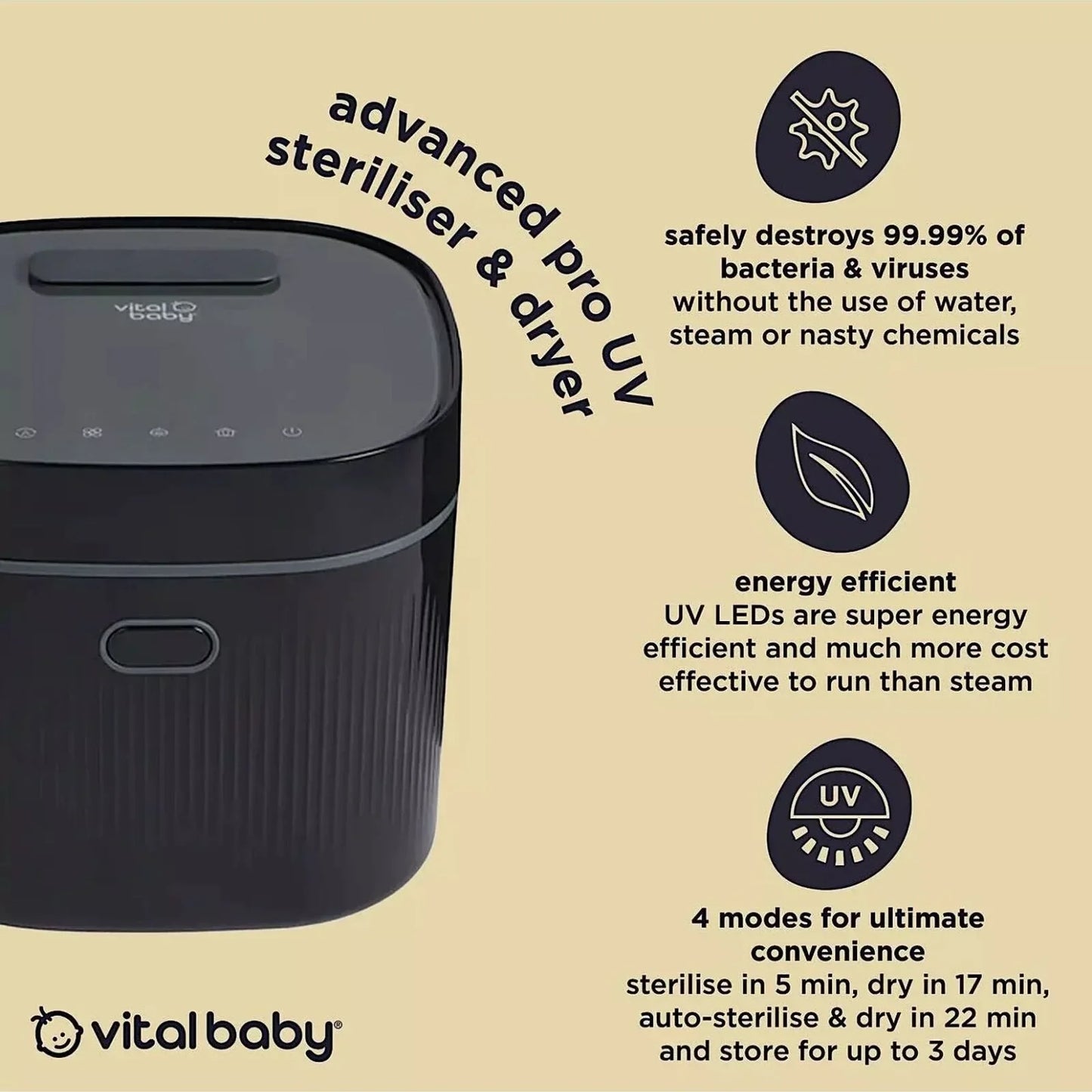 Vital Baby Advanced Pro UV Steriliser & Dryer (3rd Gen) - Onyx Black