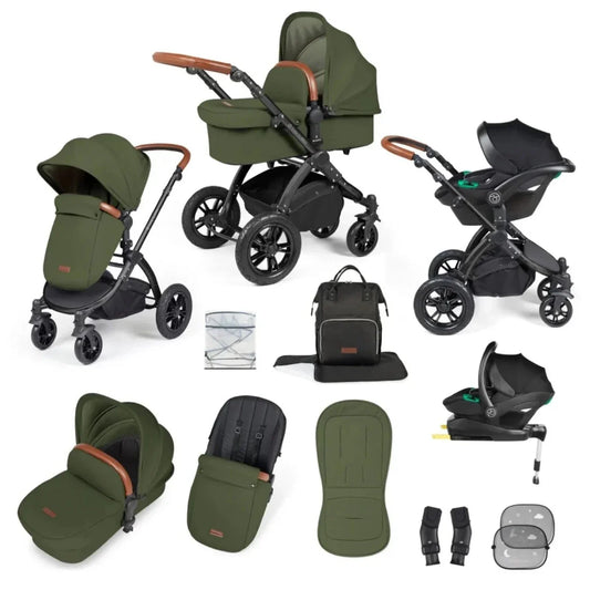 Ickle Bubba Stomp Luxe Travel System with i-Size Stratus Car Seat & ISOFIX Base 12 pcs - Black & Woodland & Tan