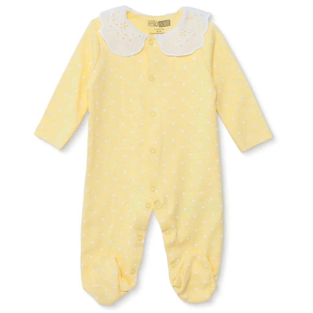HelloBaby Girls Footed Sleepsuit Polka Dot Print Lace Collar - Yellow