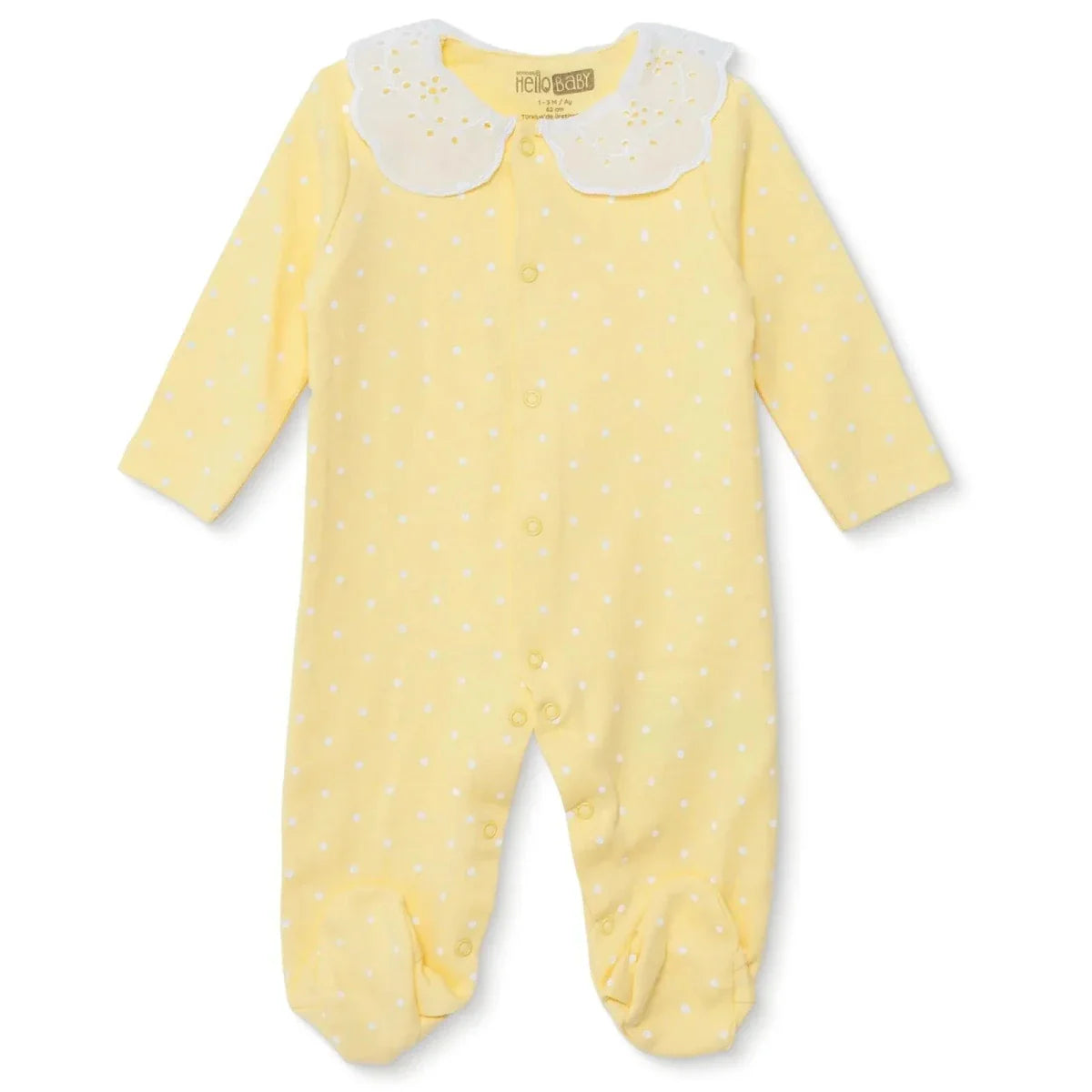 HelloBaby Girls Footed Sleepsuit Polka Dot Print Lace Collar - Yellow