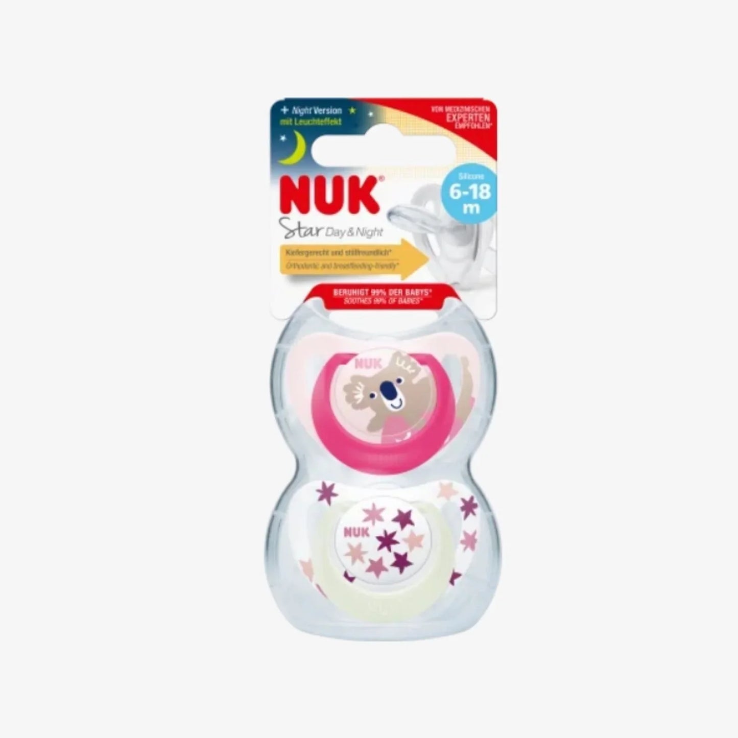 NUK Star Day & Night Soother 6-18 months Pack of 2 - Pink