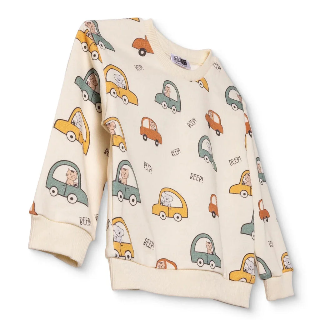 HelloBaby Boys Sweatshirt Car Print Little Car Crew Neck Long Sleeve - Ecru Printed