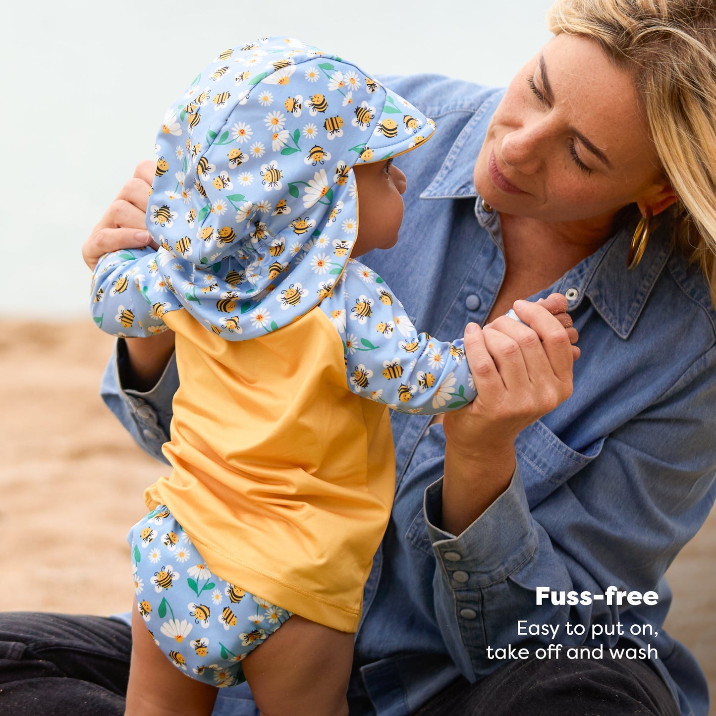 3 Piece Baby Swim Set with Swim Nappy, Swim top and Swim Hat in Busy Bees