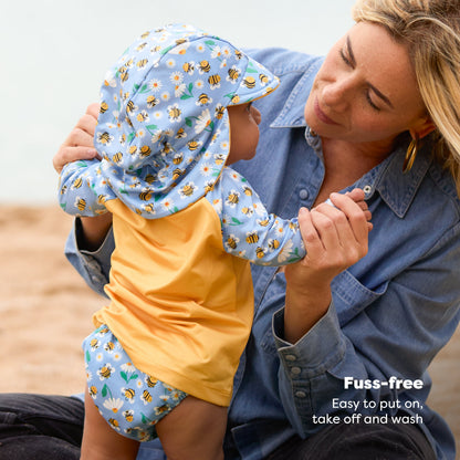 3 Piece Baby Swim Set with Swim Nappy, Swim top and Swim Hat in Busy Bees