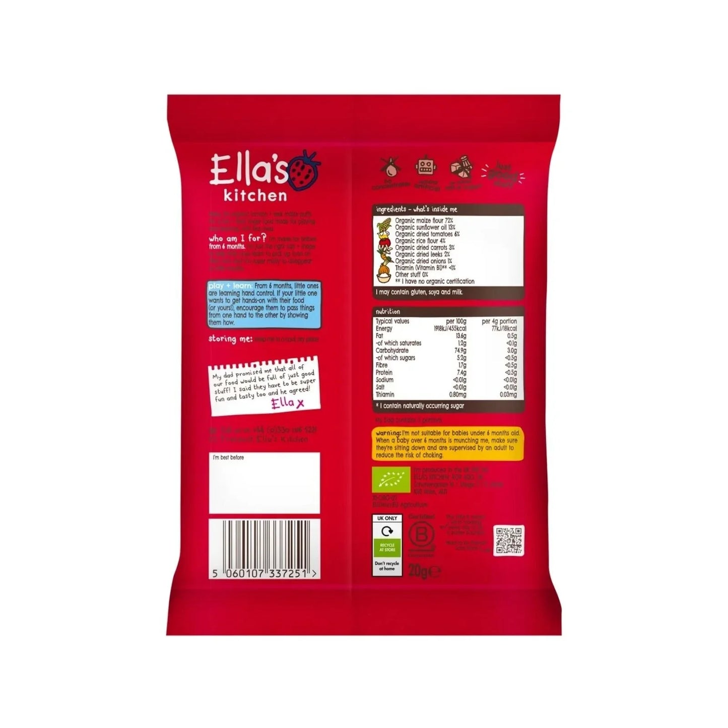 Ella's Kitchen Organic Tomato & Leek Melty Puffs Baby Snack 6+ months 20g