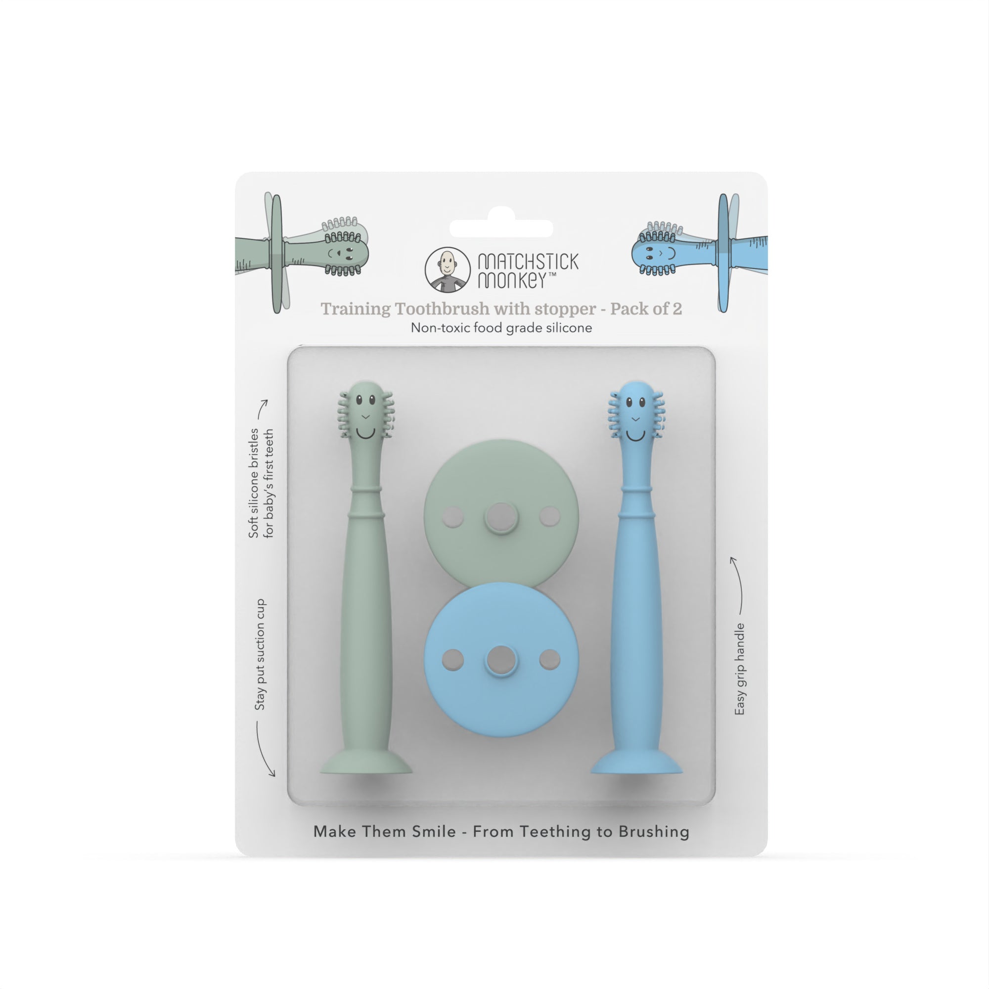 Matchstick Monkey Training Toothbrush (Green/Blue) - Pack of 2