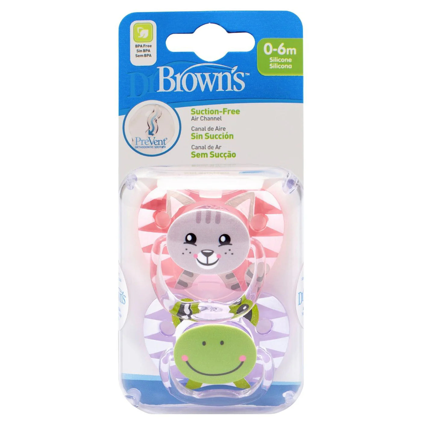 Dr Brown PreVent Shield Stage 1 Soother (Cat/Frog Design) - Pack of 2