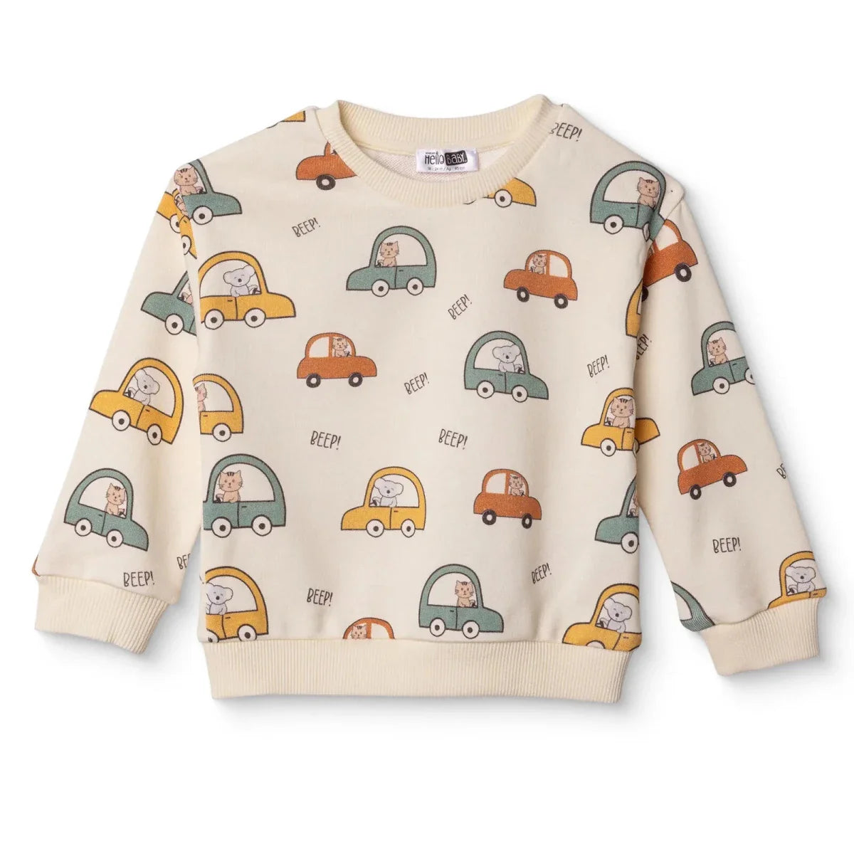 HelloBaby Boys Sweatshirt Car Print Little Car Crew Neck Long Sleeve - Ecru Printed