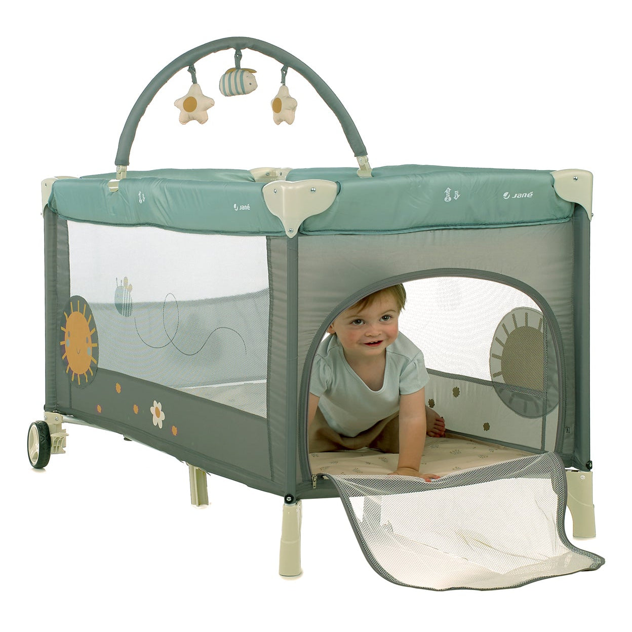 Jané One Level Toys Travel Cot with Activity Arch & Zip Window, Botanic