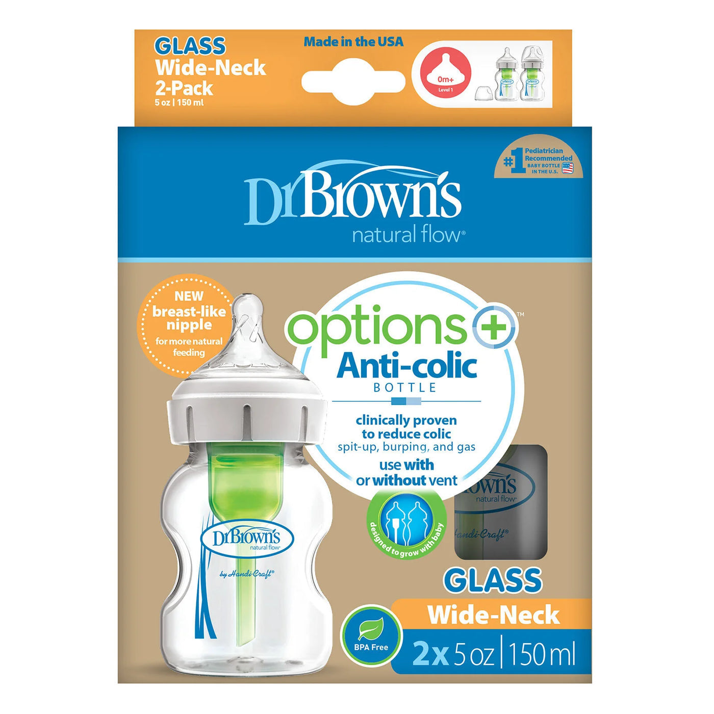 Dr Brown Options Plus GLASS Bottles 150mls - Wide Neck (Pack of 2)