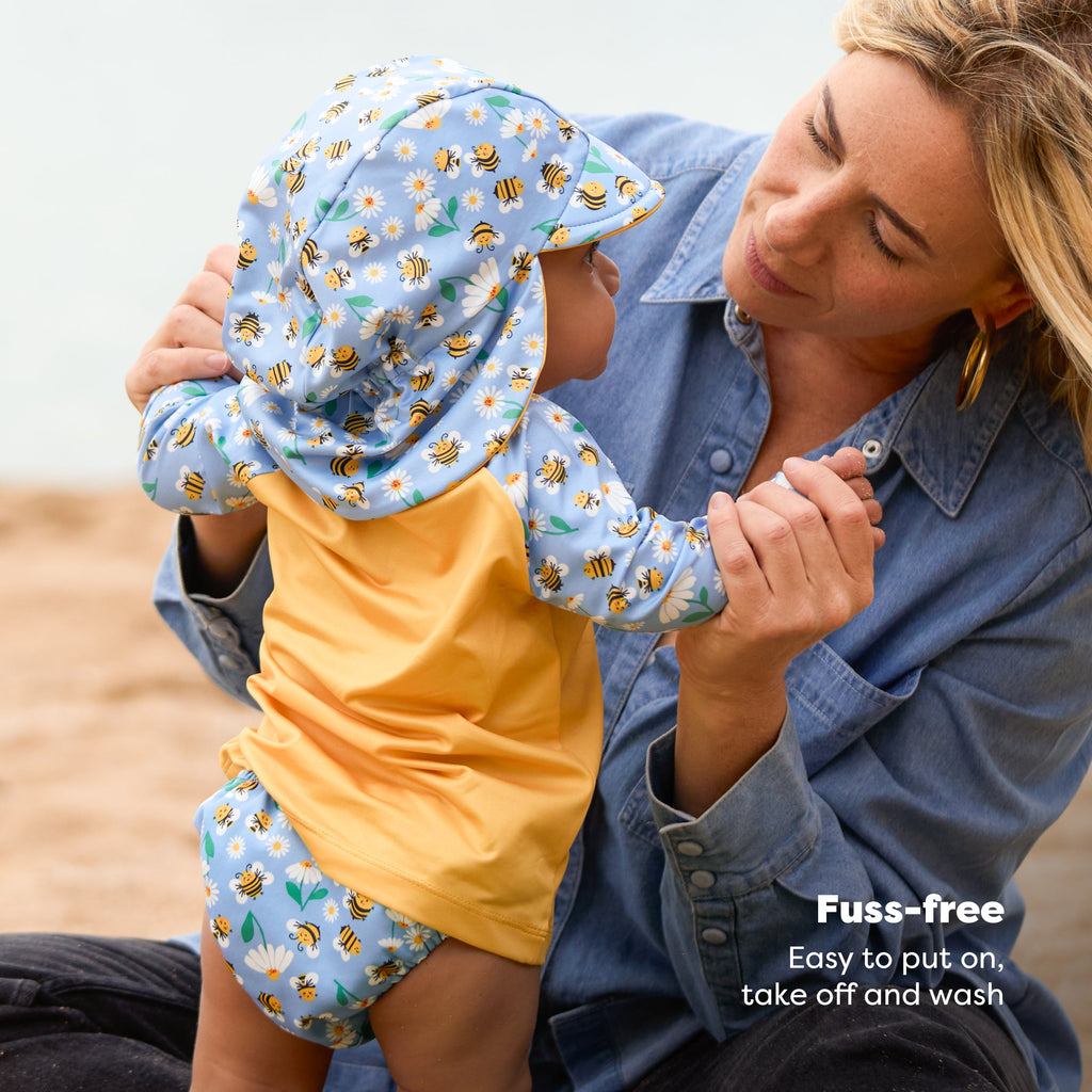 UPF 40+ Reversible Swim Hat for Babies and Toddlers in Busy Bees