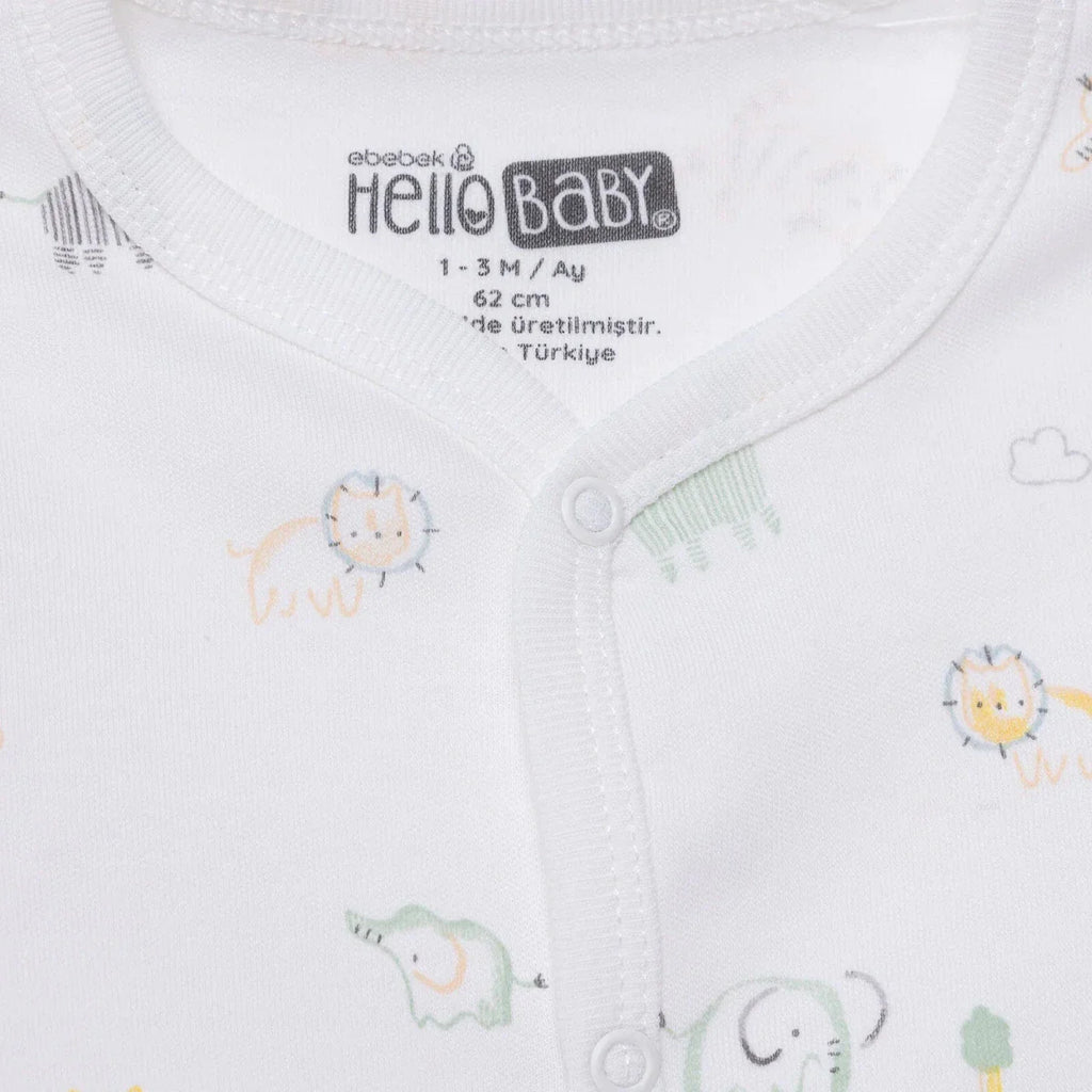 HelloBaby Boys Footed Romper Animal with Poppers Crew Neck Long Leg Long Sleeve - White Printed