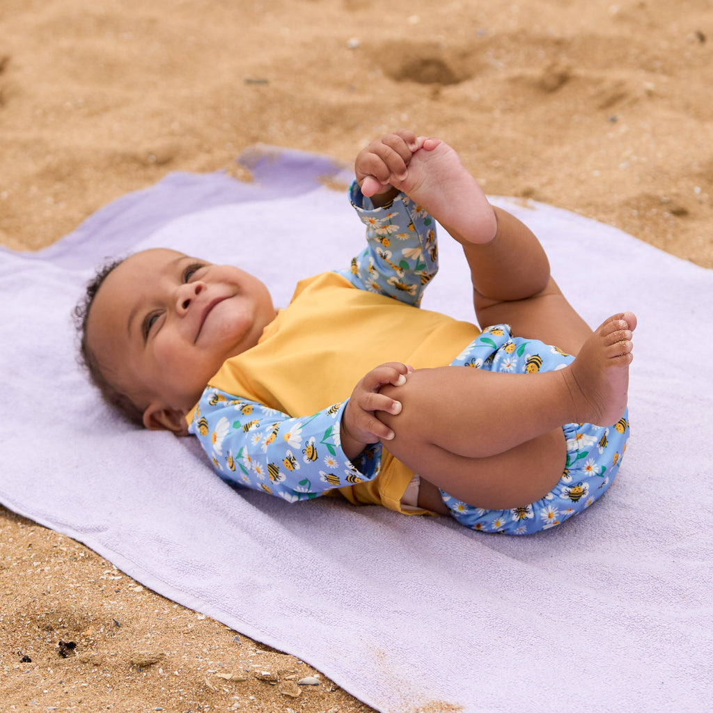3 Piece Baby Swim Set with Swim Nappy, Swim top and Swim Hat in Busy Bees