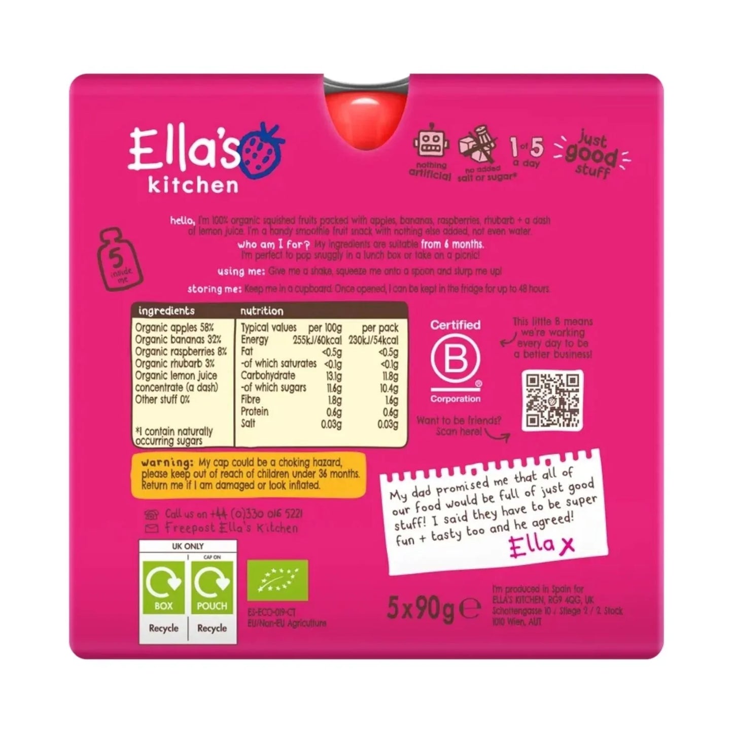 Ella's Kitchen Organic Smoothie The Pink One Multipack Baby Food Pouch 6+ months 450g (5x90g)