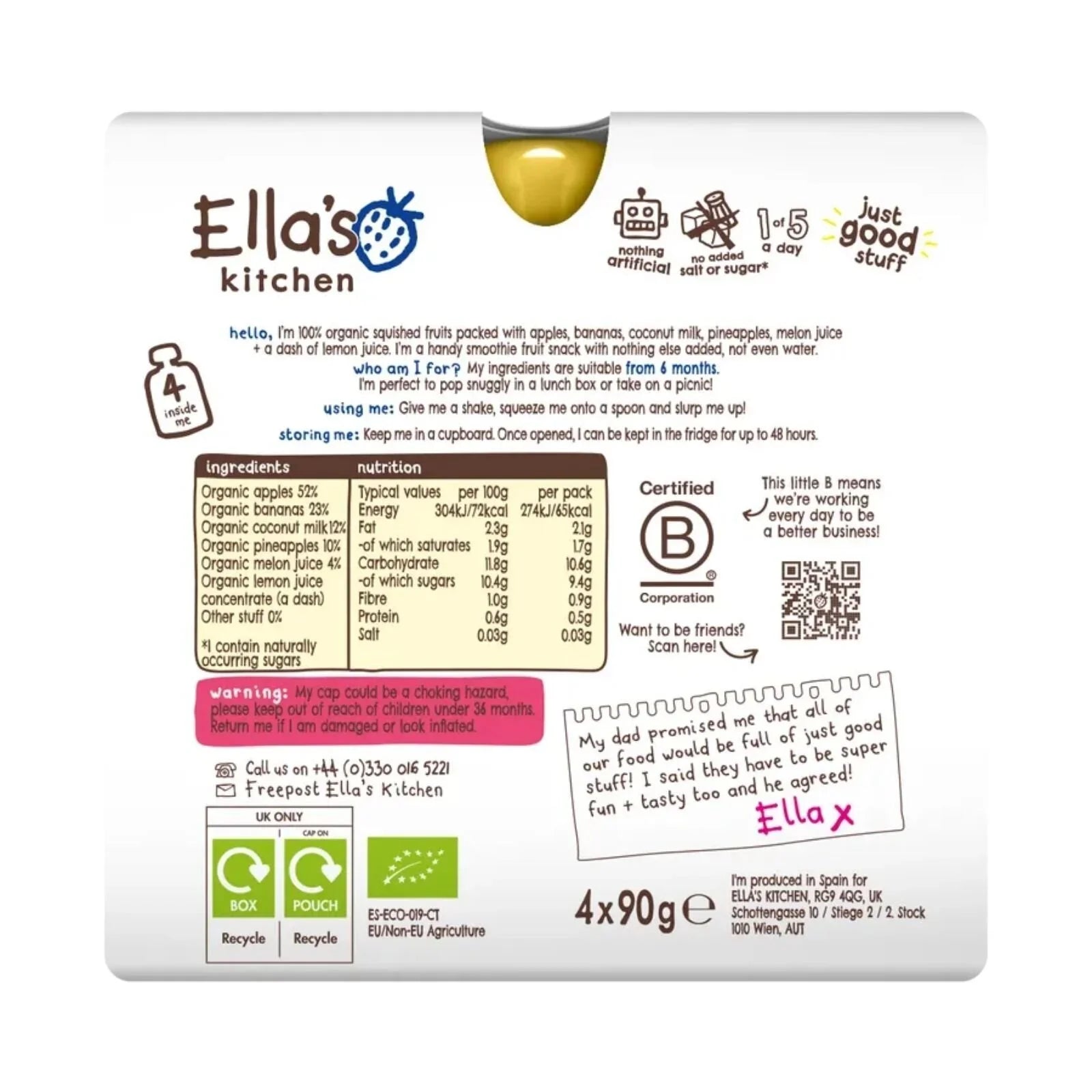 Ella's Kitchen Organic The White One Smoothie Multipack Baby Food Pouch 6+ months 360g (4x90g)