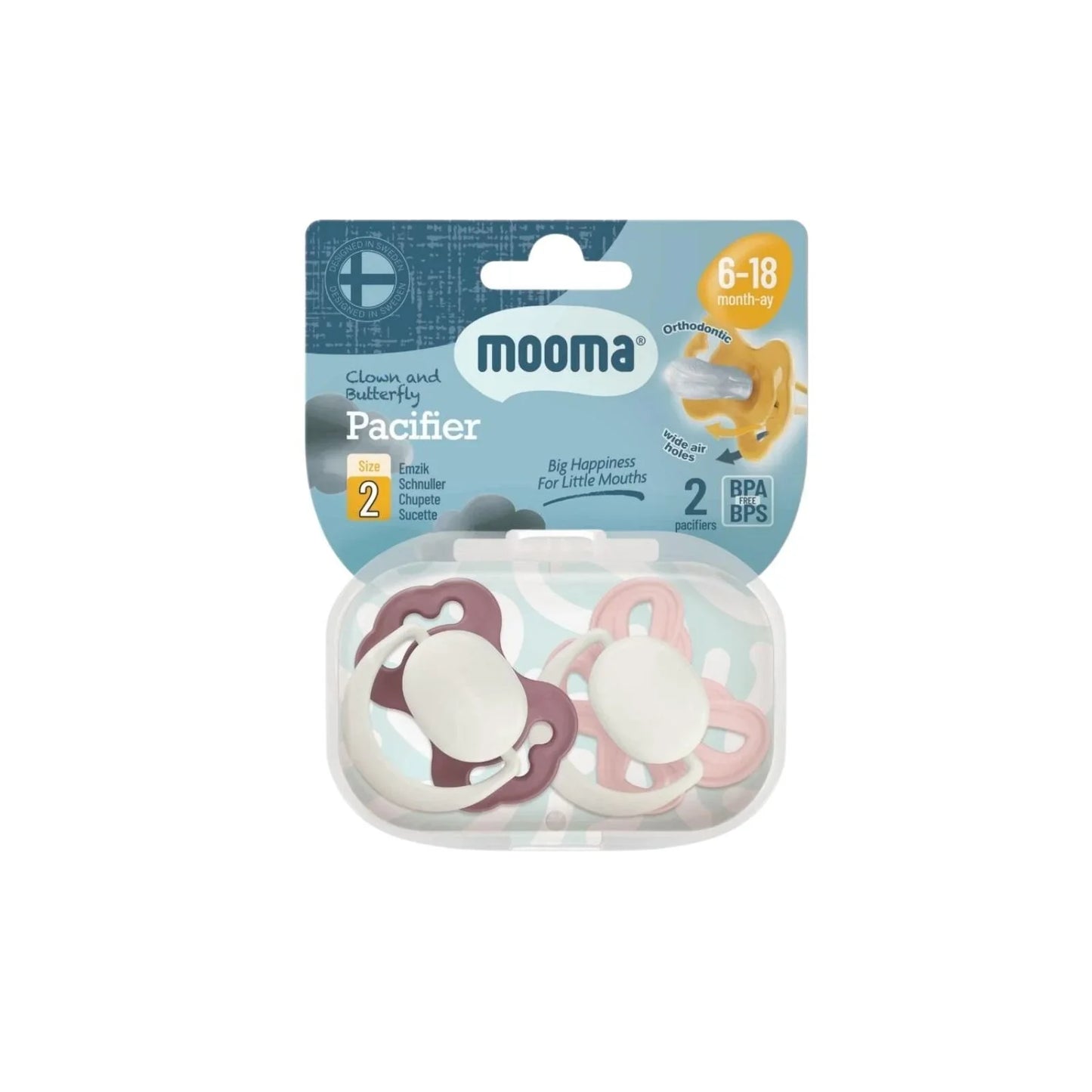 Mooma Clown & Butterfly Soothers 6-18 months Pack of 2 - Brownish Purple & Baby Pink
