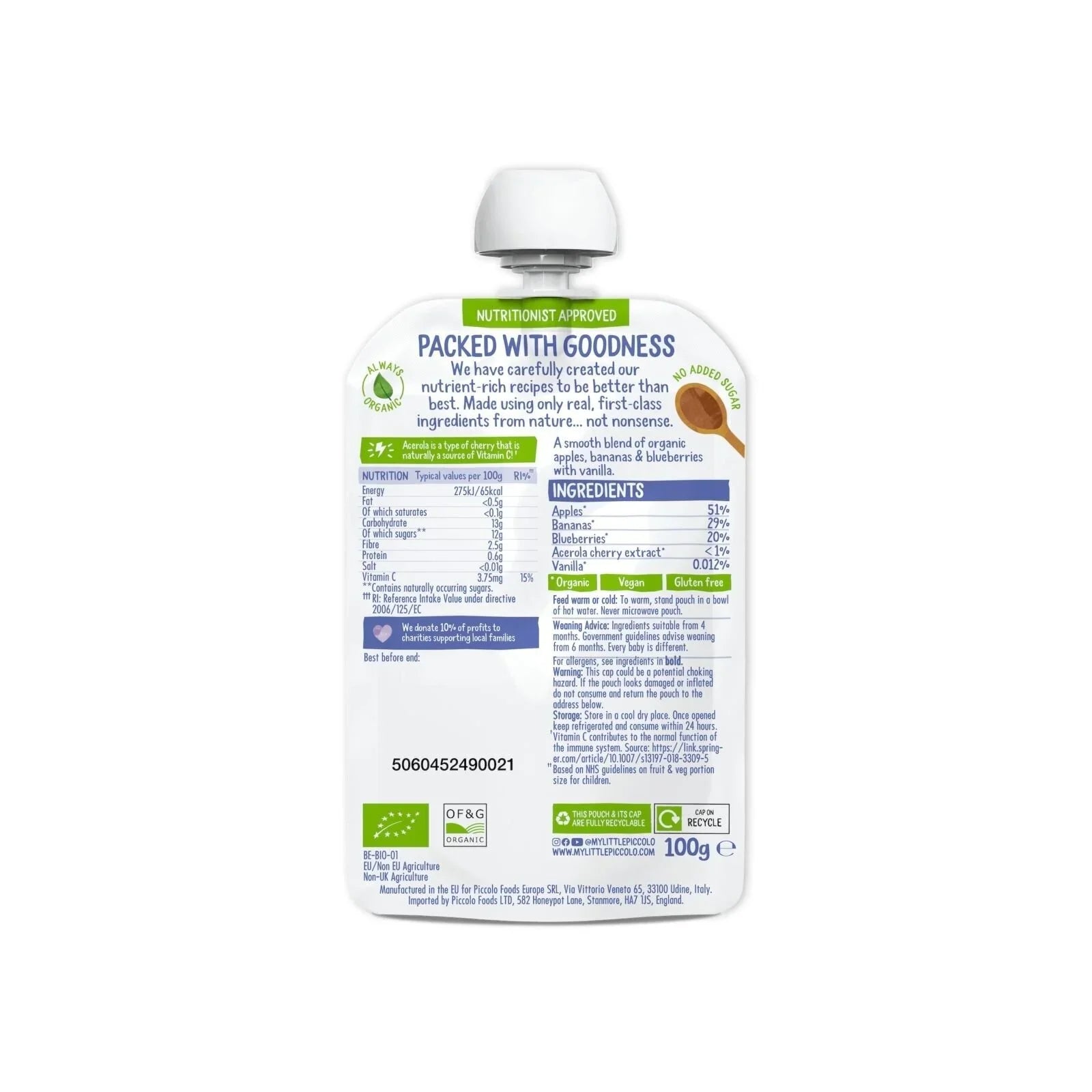 Piccolo Organic Apple Banana & Blueberry 4+ months 100g