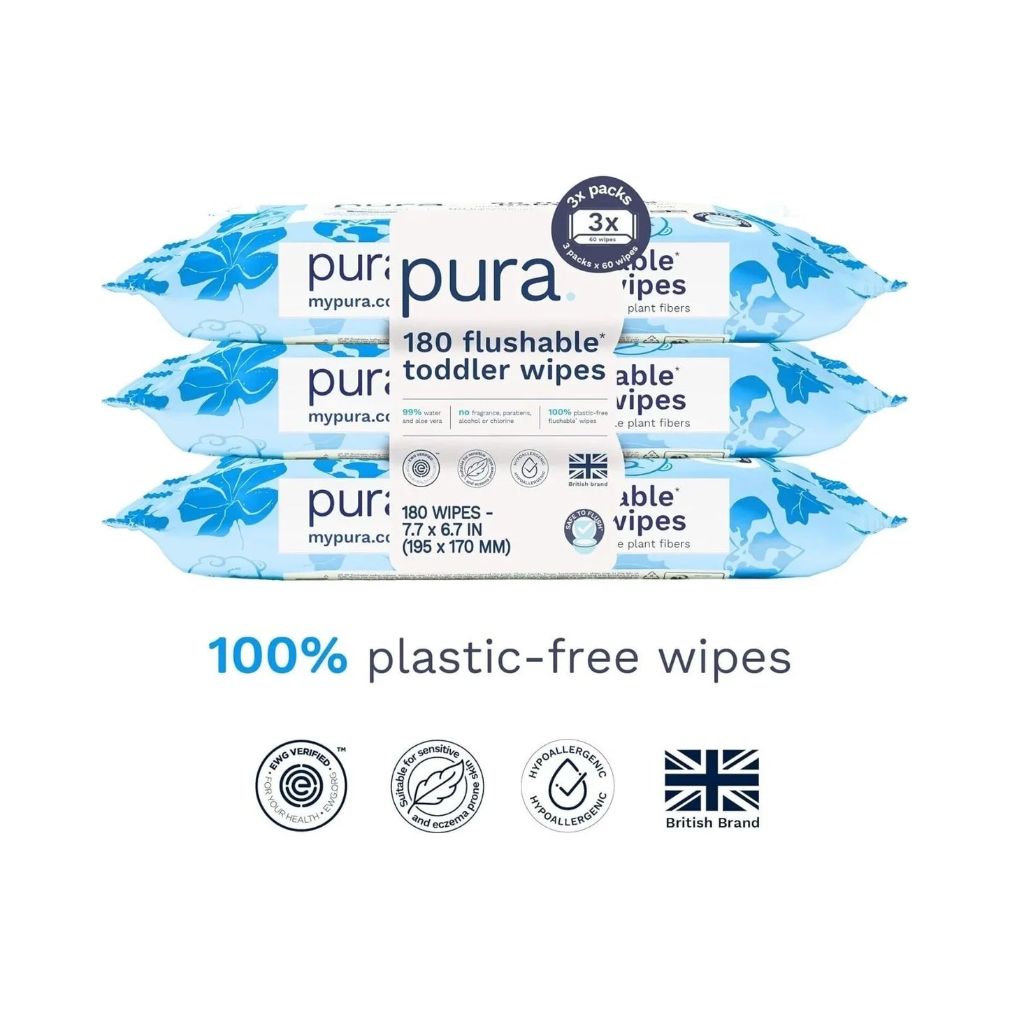 Pura Baby Wipes Flushable 3x60 pcs