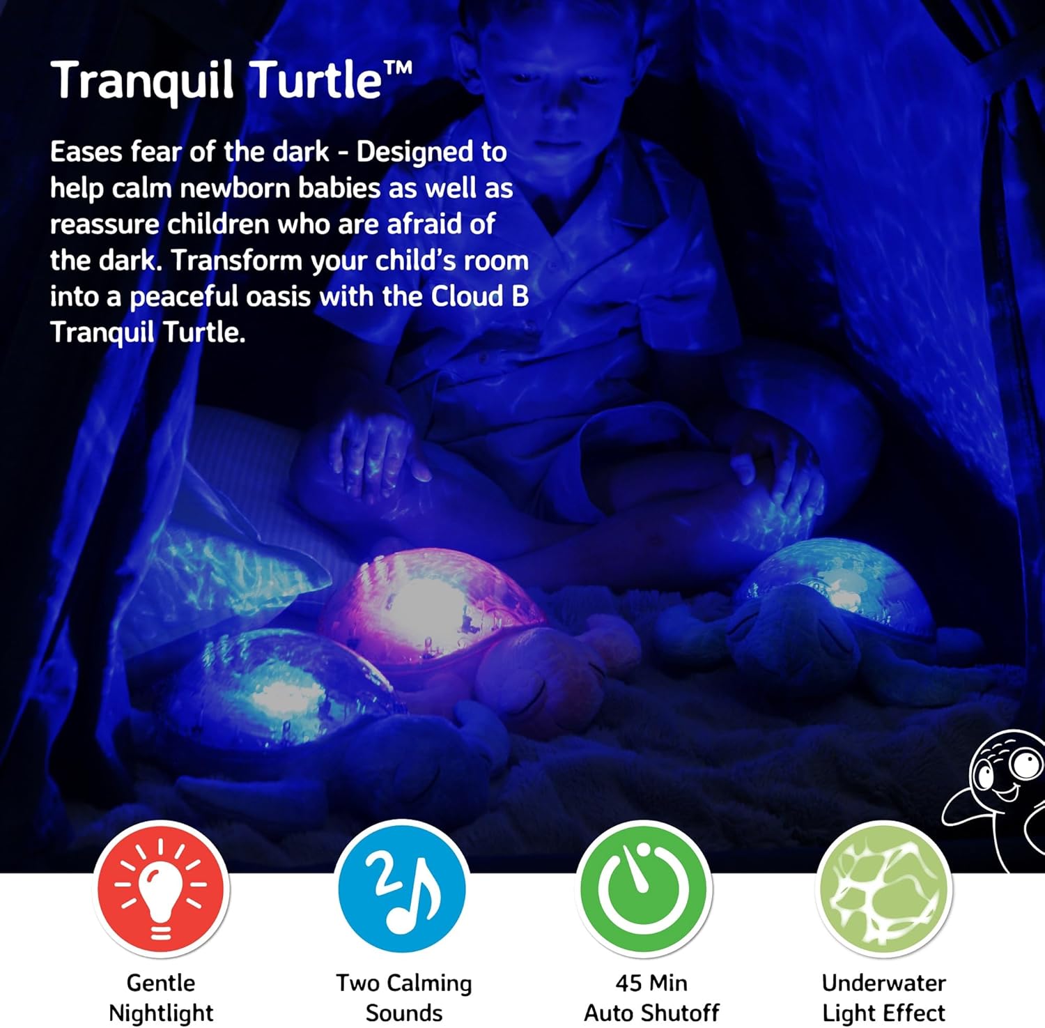 Cloud B Tranquil Turtle Rechargeable Projector Nightlight with White Noise Soothing Sounds - Ocean Blue (Colour)