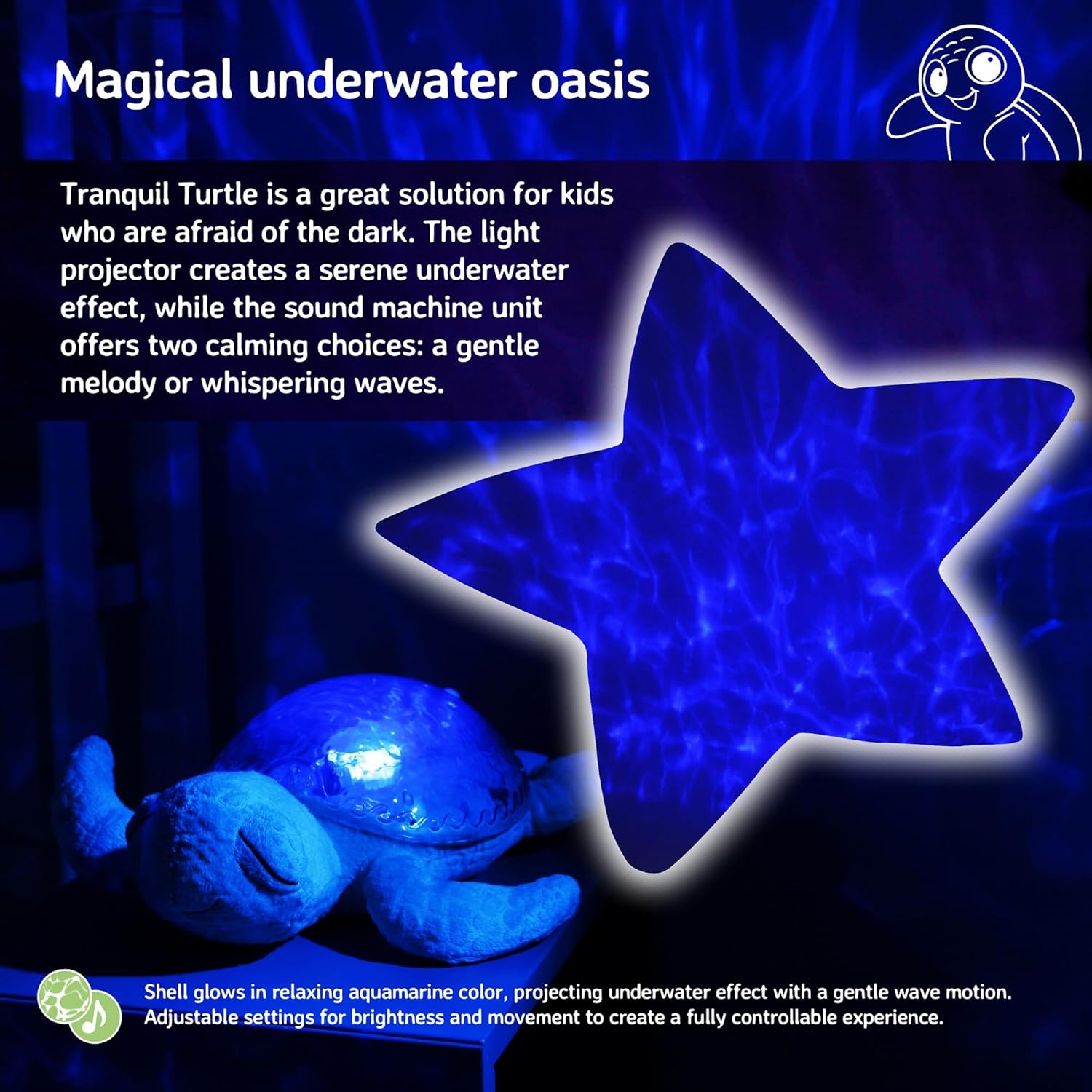 Cloud B Tranquil Turtle Rechargeable Projector Nightlight with White Noise Soothing Sounds - Ocean Blue (Colour)