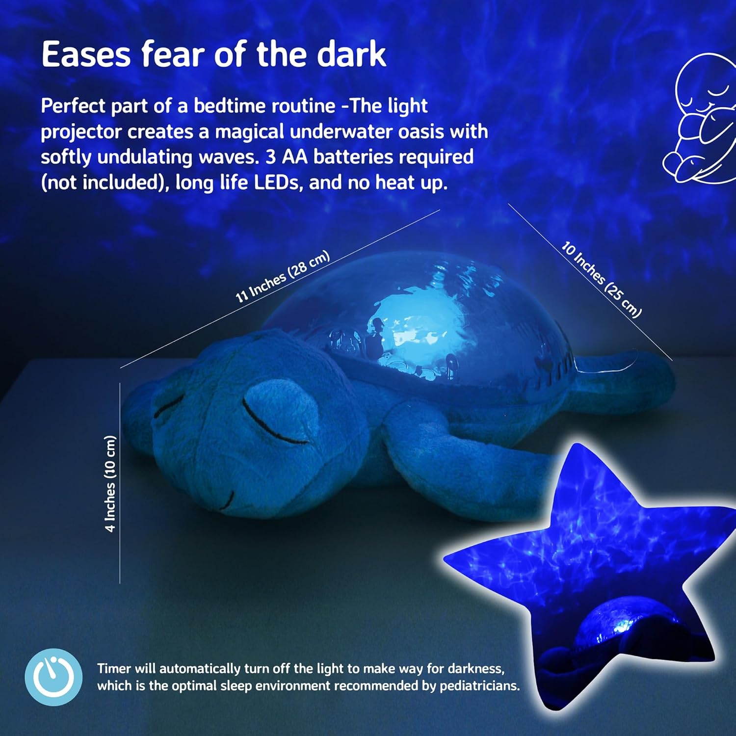 Cloud B Tranquil Turtle Rechargeable Projector Nightlight with White Noise Soothing Sounds - Ocean Blue (Colour)
