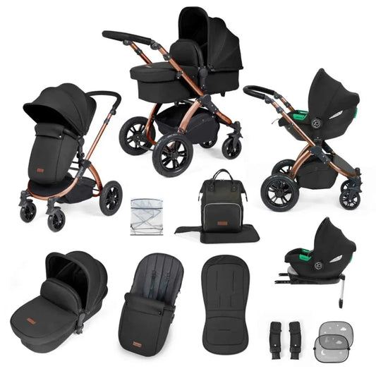 Ickle Bubba Stomp Luxe Travel System with i-Size Cirrus Car Seat & ISOFIX Base 12 pcs - Bronze & Midnight & Black