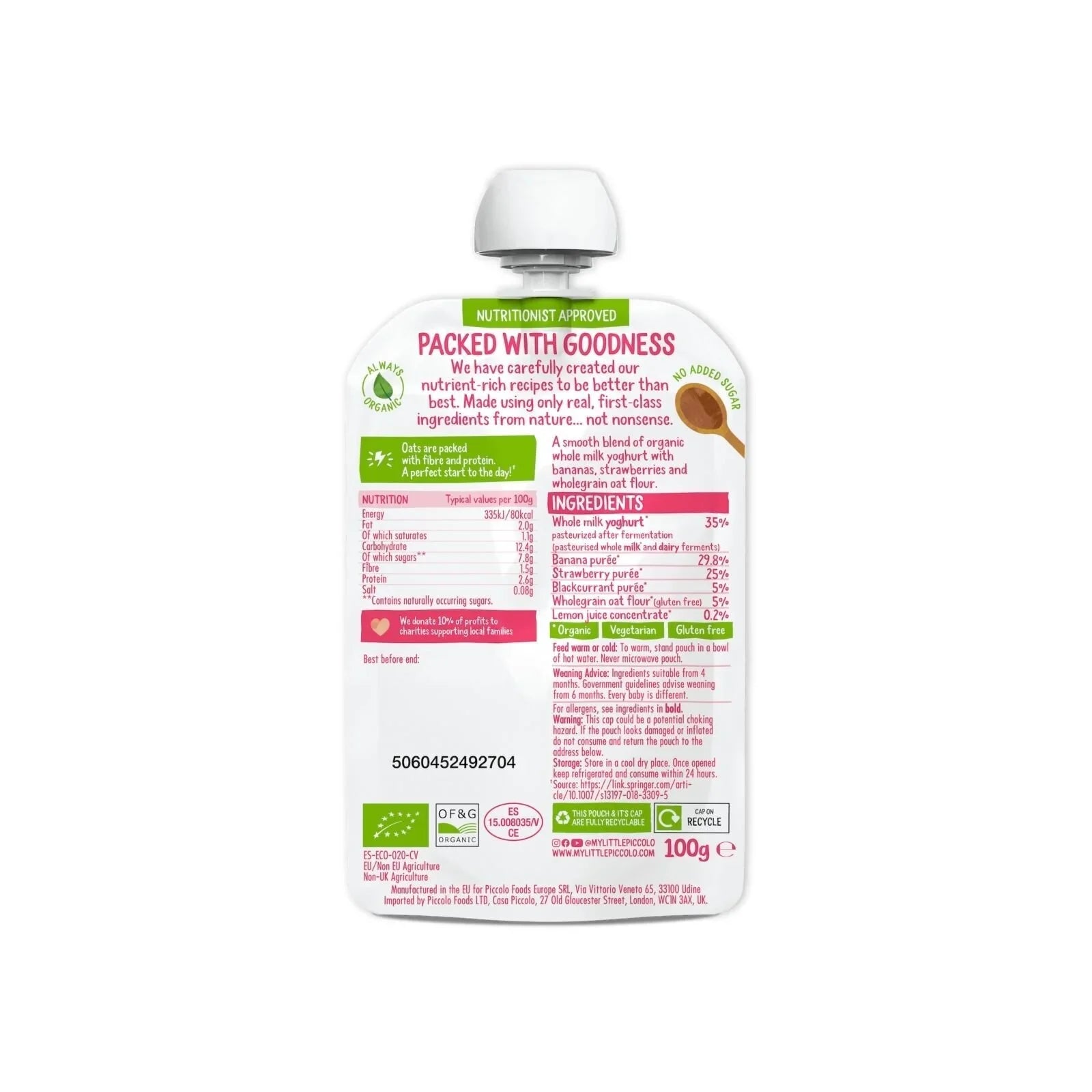Piccolo Organic Brekkie Strawberry & Banana 6+ months 100g