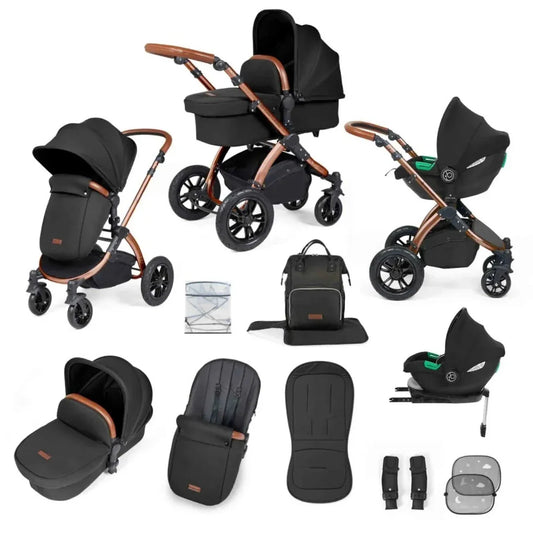 Ickle Bubba Stomp Luxe Travel System with i-Size Cirrus Car Seat & ISOFIX Base 12 pcs - Bronze & Midnight & Tan