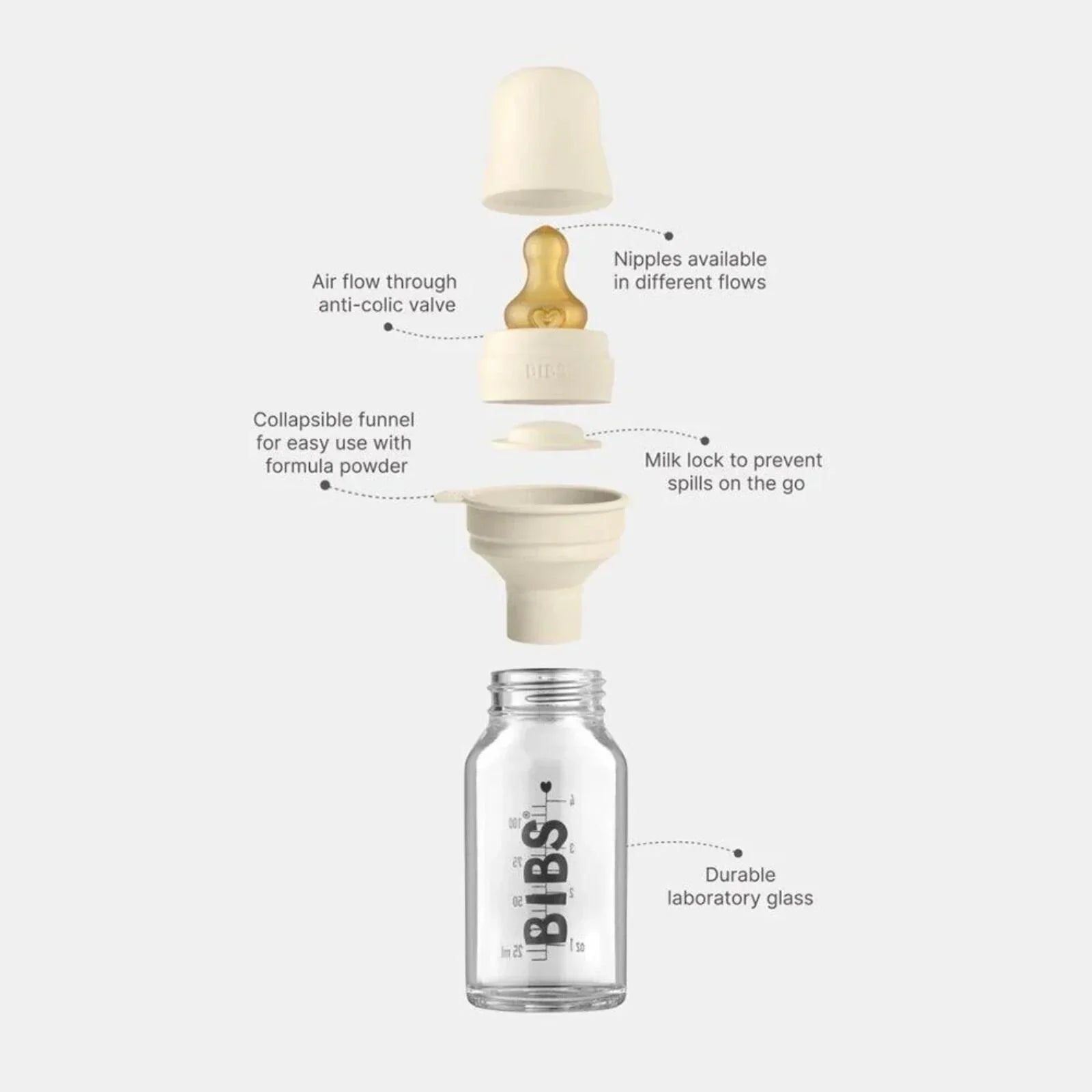 BIBS Baby Glass Bottle Complete Set Latex 110ml - Ivory