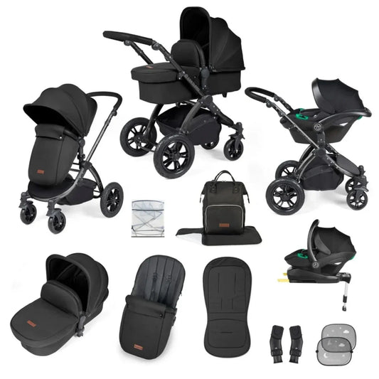 Ickle Bubba Stomp Luxe Travel System with i-Size Stratus Car Seat & ISOFIX Base 12 pcs - Black & Midnight & Black