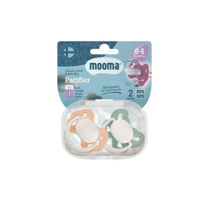 Mooma Clown & Butterfly Soothers 0-6 months Pack of 2 - Light Orange & River Green