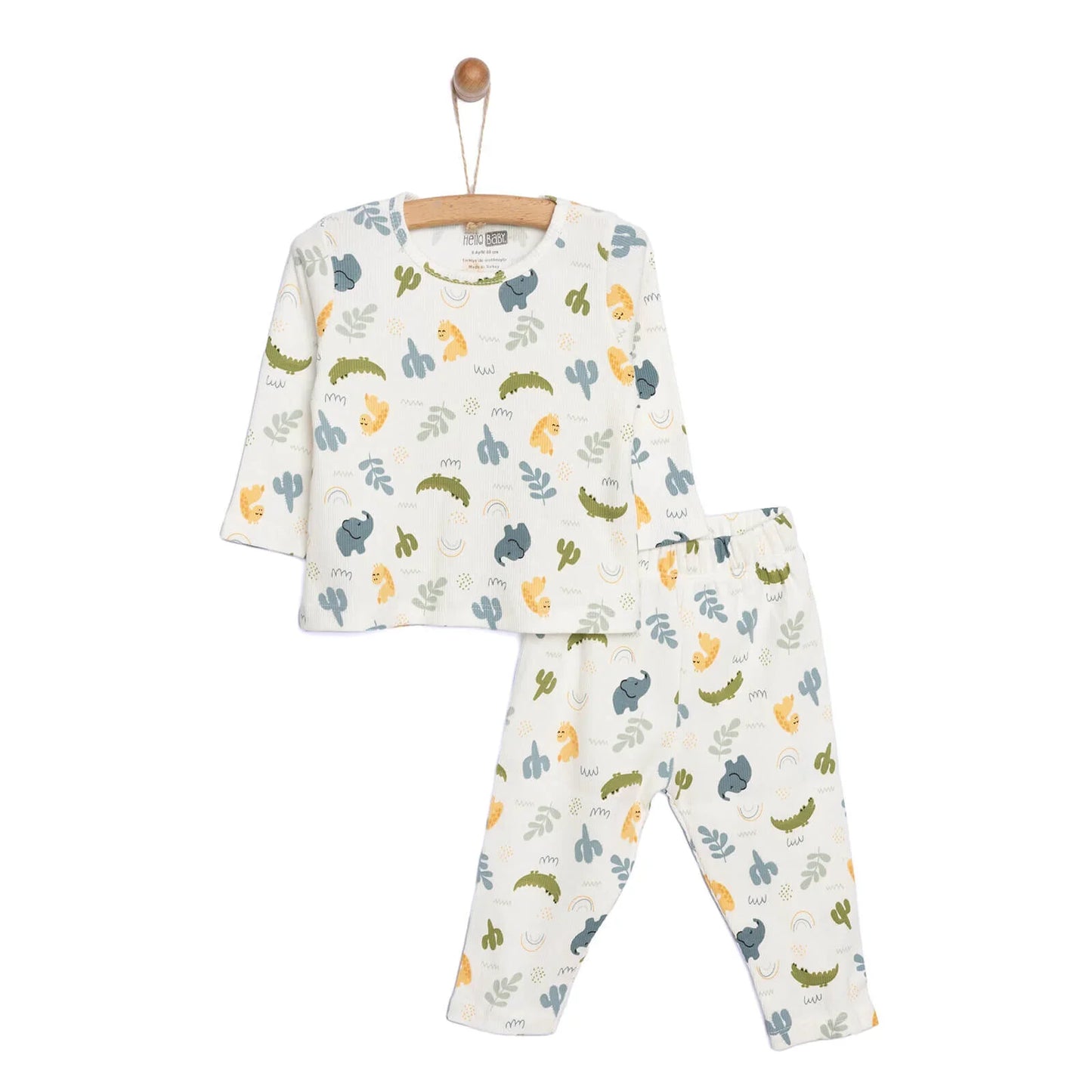 HelloBaby Baby Boy Elephant Printed Long Sleeve Pyjamas 2 pcs - Ecru