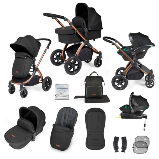 Ickle Bubba Stomp Luxe Travel System with i-Size Stratus Car Seat & ISOFIX Base 12 pcs - Bronze & Midnight & Black