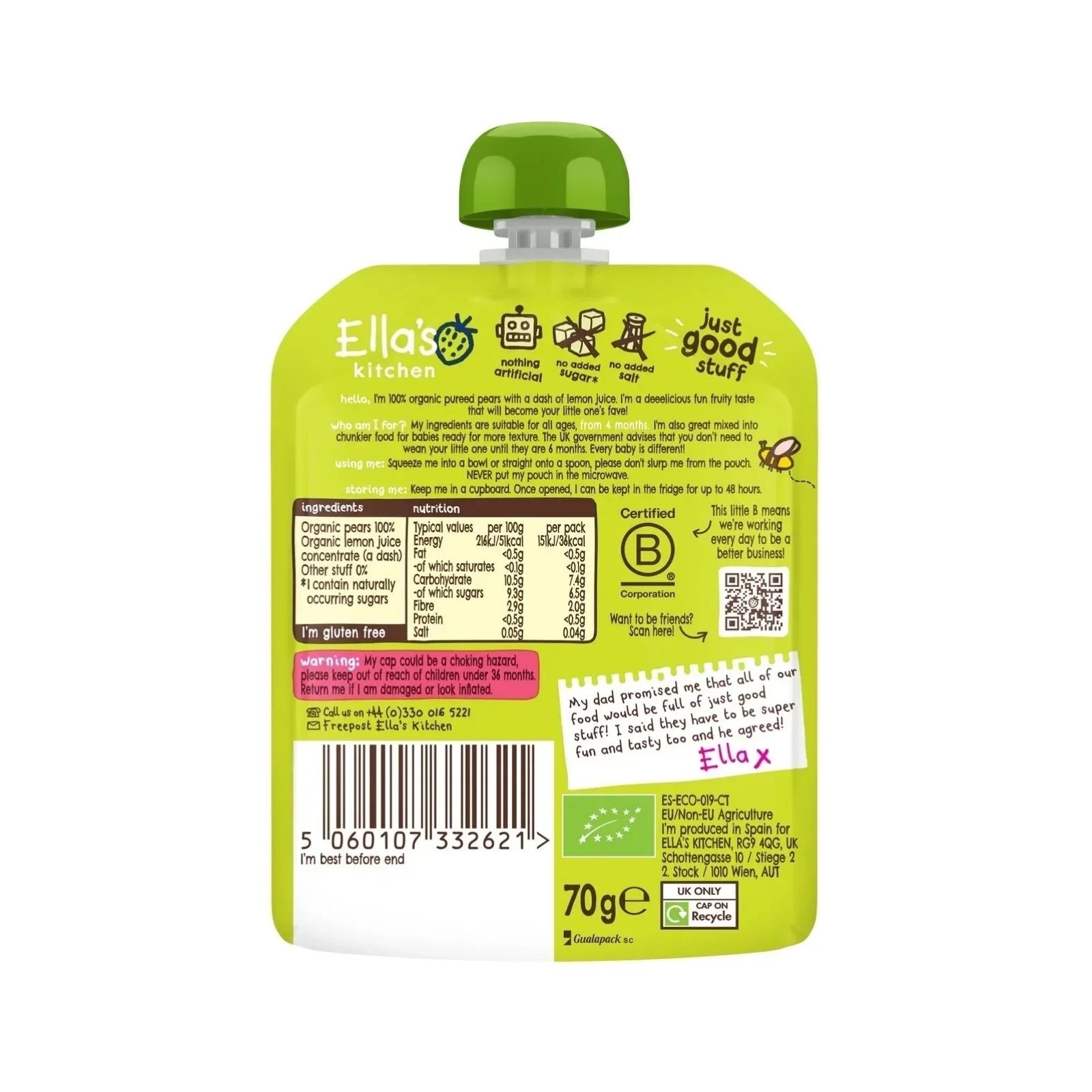 Ella's Kitchen Organic Pears First Tastes Baby Food Pouch 4+ months 70g
