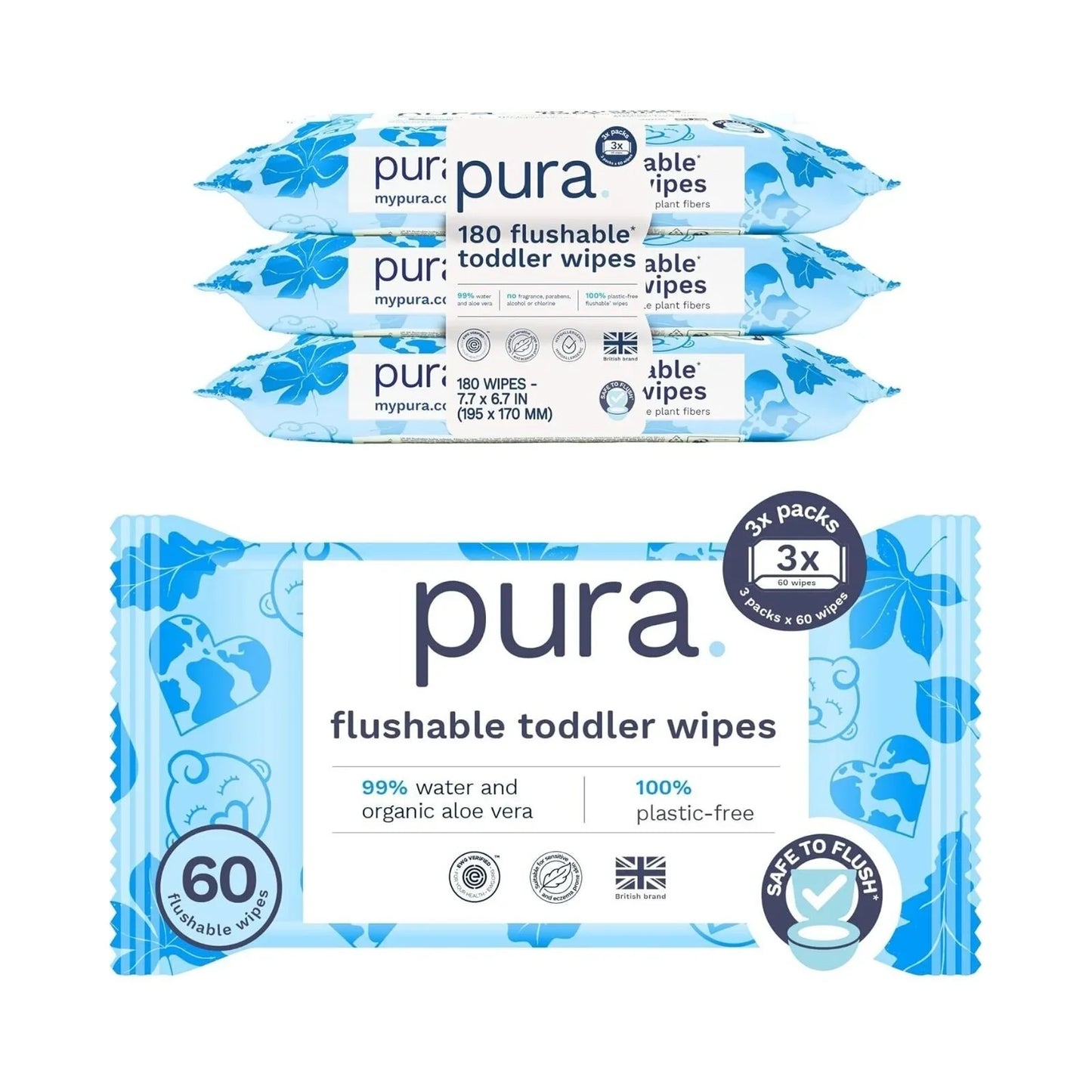 Pura Baby Wipes Flushable 3x60 pcs