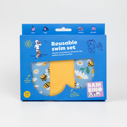 3 Piece Baby Swim Set with Swim Nappy, Swim top and Swim Hat in Busy Bees