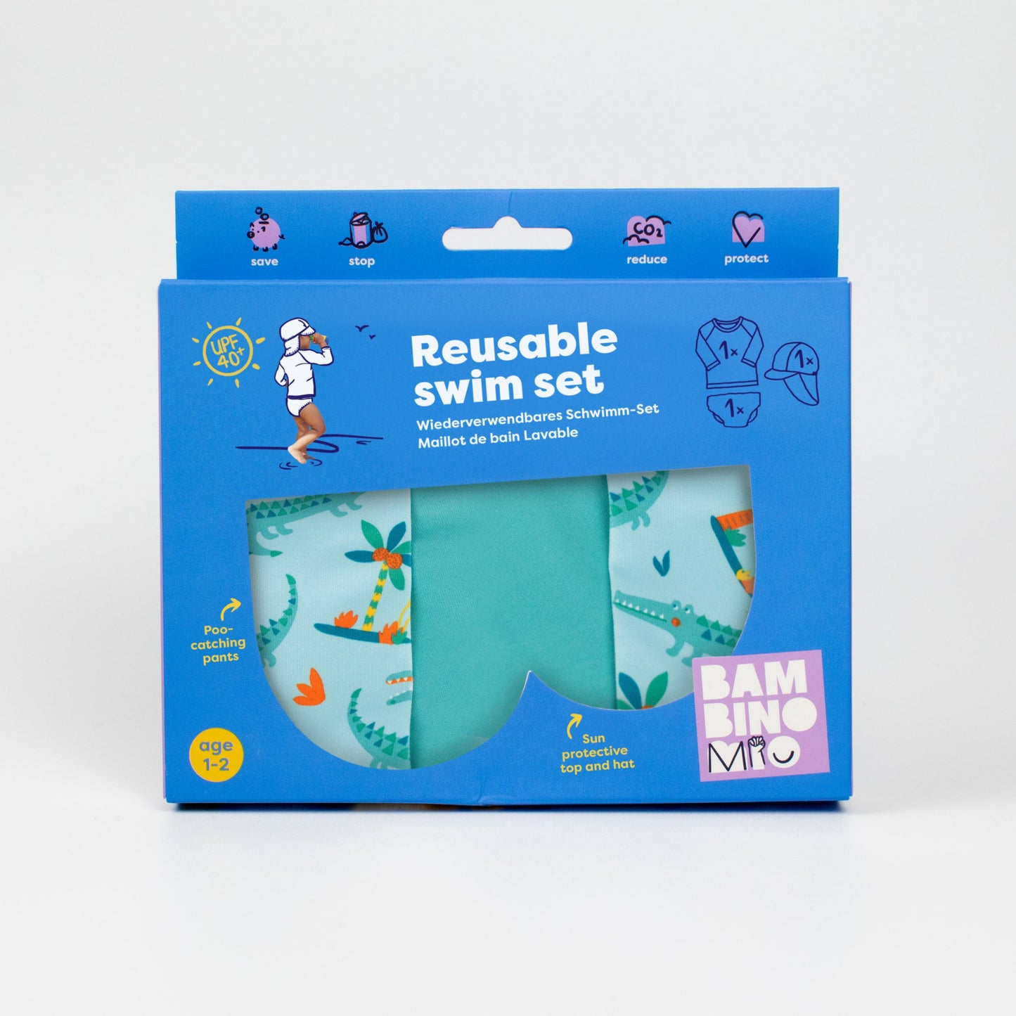 3 Piece Baby Swim Set with Swim Nappy, Swim top and Swim Hat in Crafty Croc