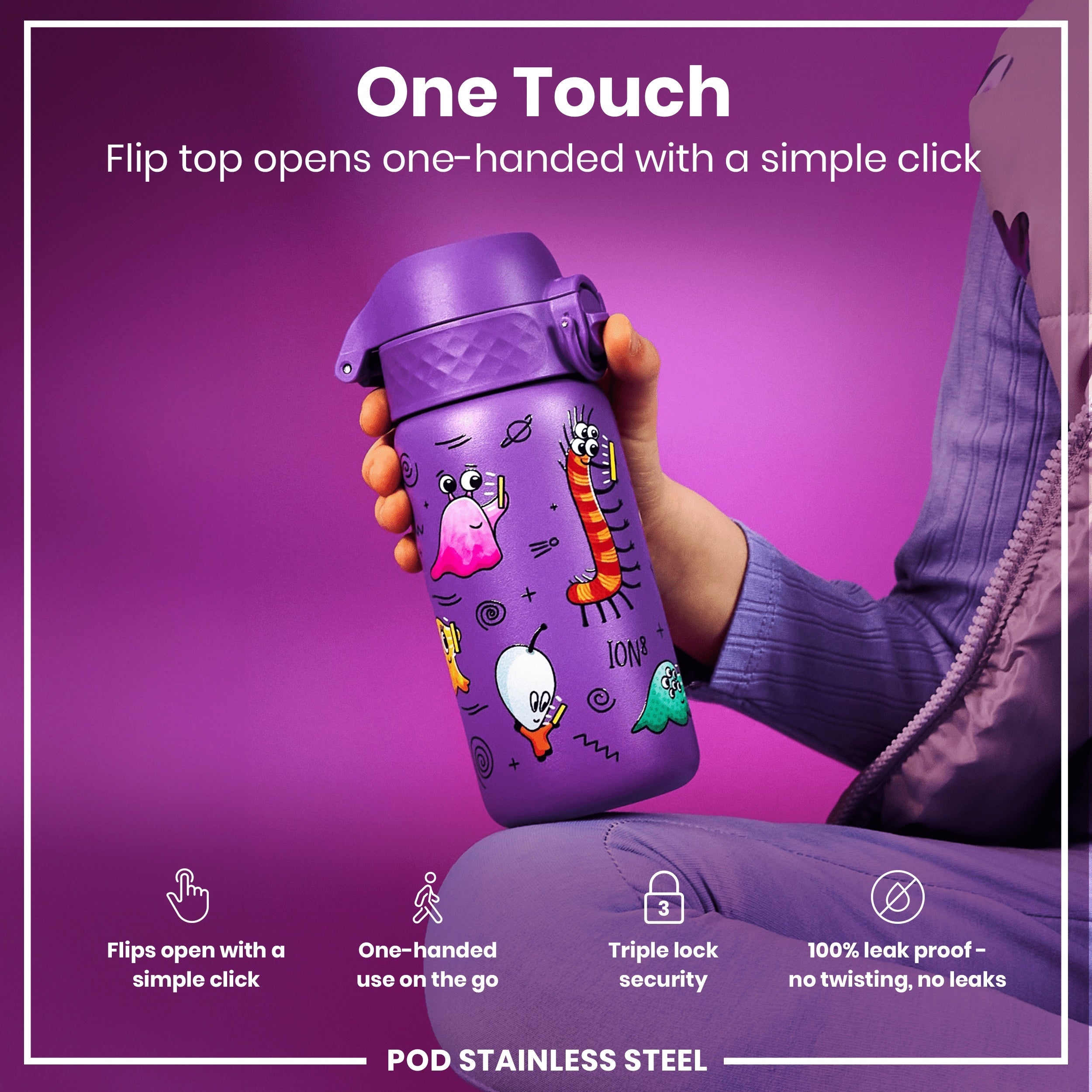 Leak Proof Kids Water Bottle, Stainless Steel, Aliens, 400ml (13oz)
