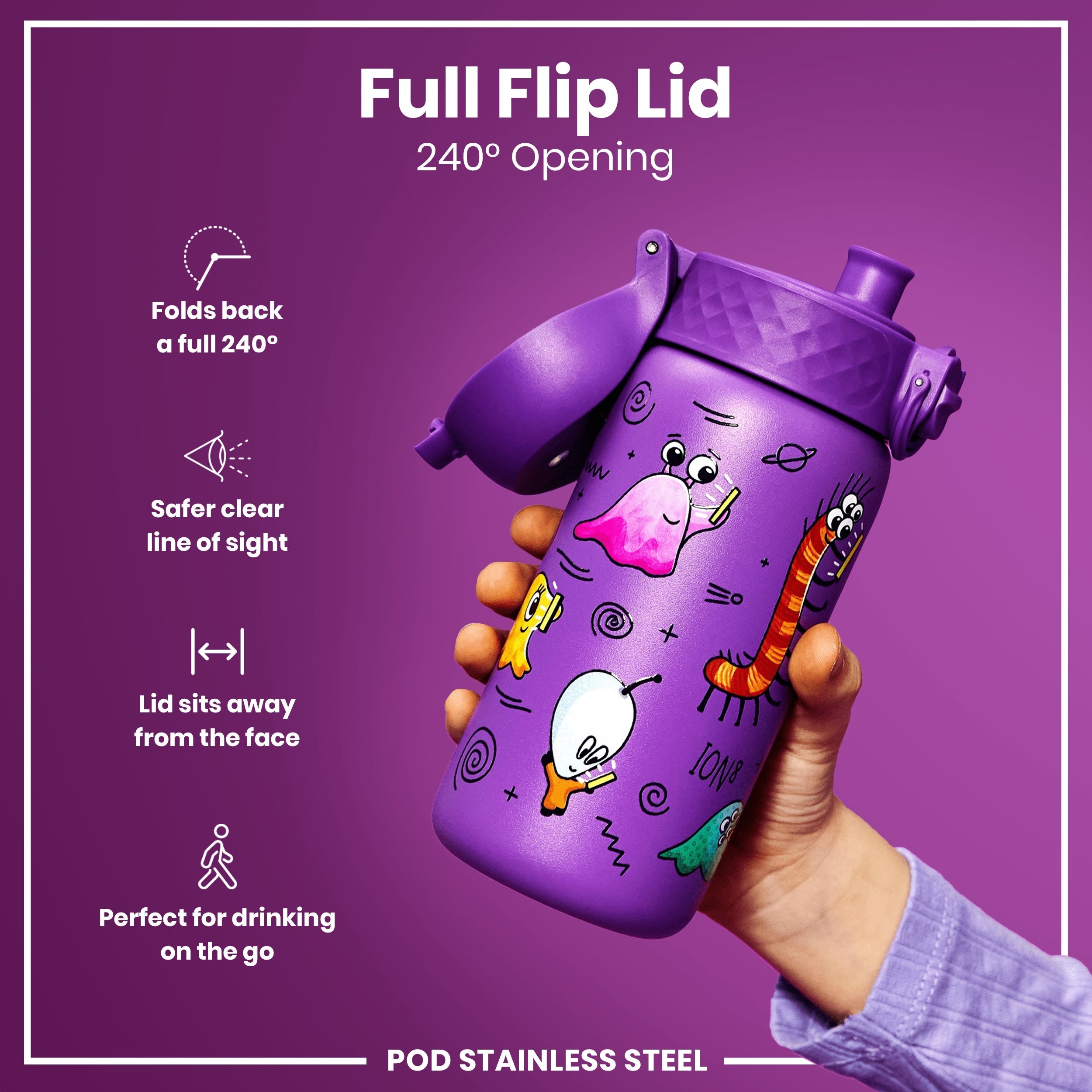 Leak Proof Kids Water Bottle, Stainless Steel, Aliens, 400ml (13oz)