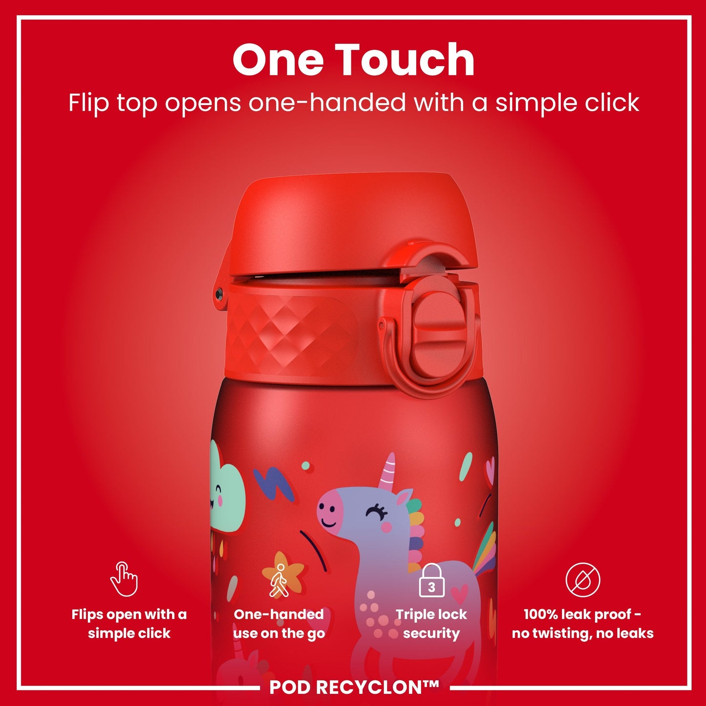 Leak Proof Kids Water Bottle, Recyclon, Red Unicorns, 350ml (12oz)