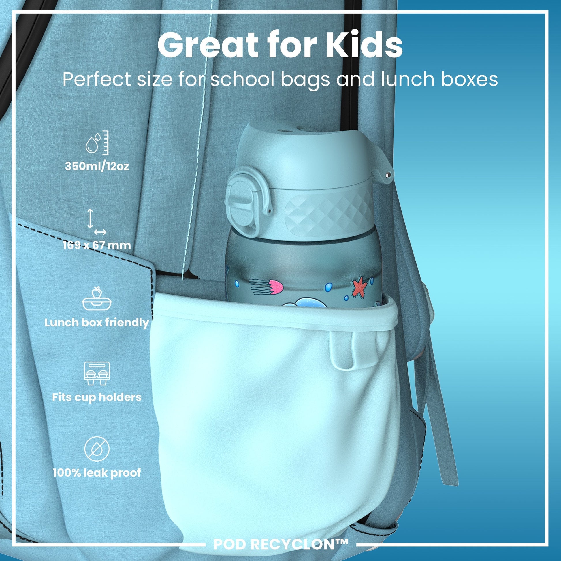 Leak Proof Kids Water Bottle, Recyclon, Blue Unicorns, 350ml (12oz)